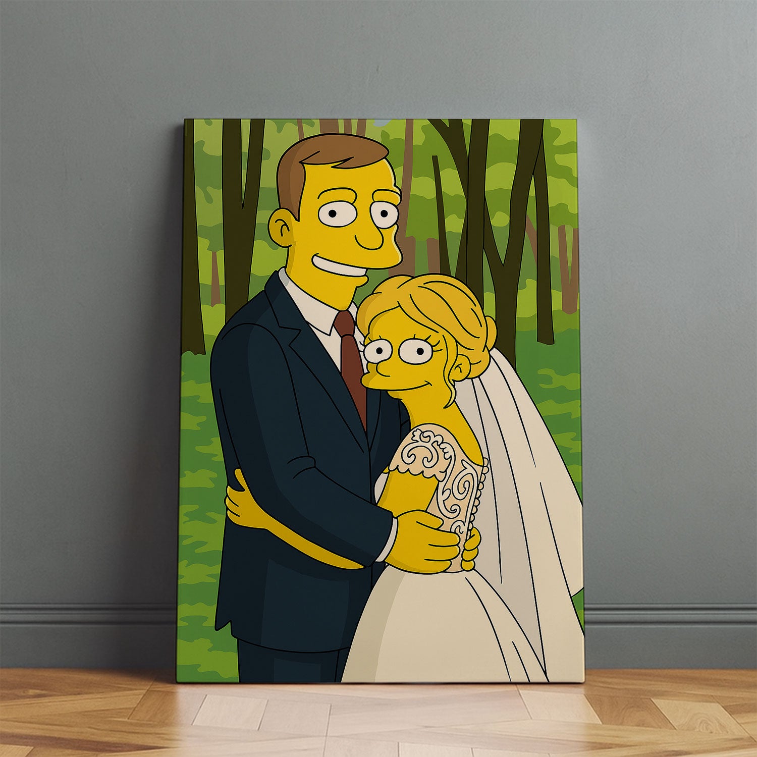 Unique Cartoon Wedding Portrait of Marge and Homer Simpson in Vibrant Art Style - Perfect for Fans and Home Decor
 - 1