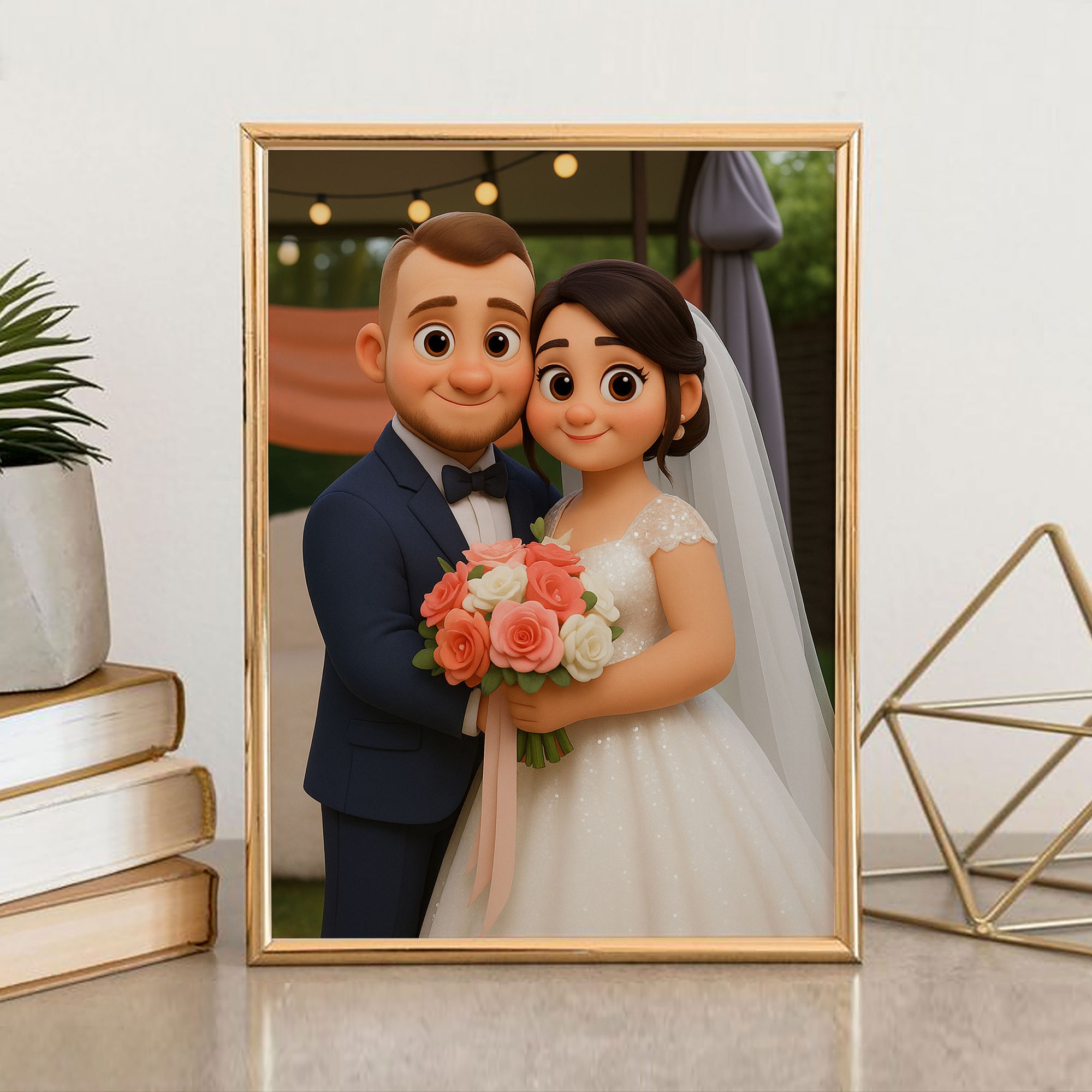 Charming Cartoon Wedding Portrait of a Bride and Groom – Perfect Gift for Newlyweds in Whimsical Art Style
 - 1
