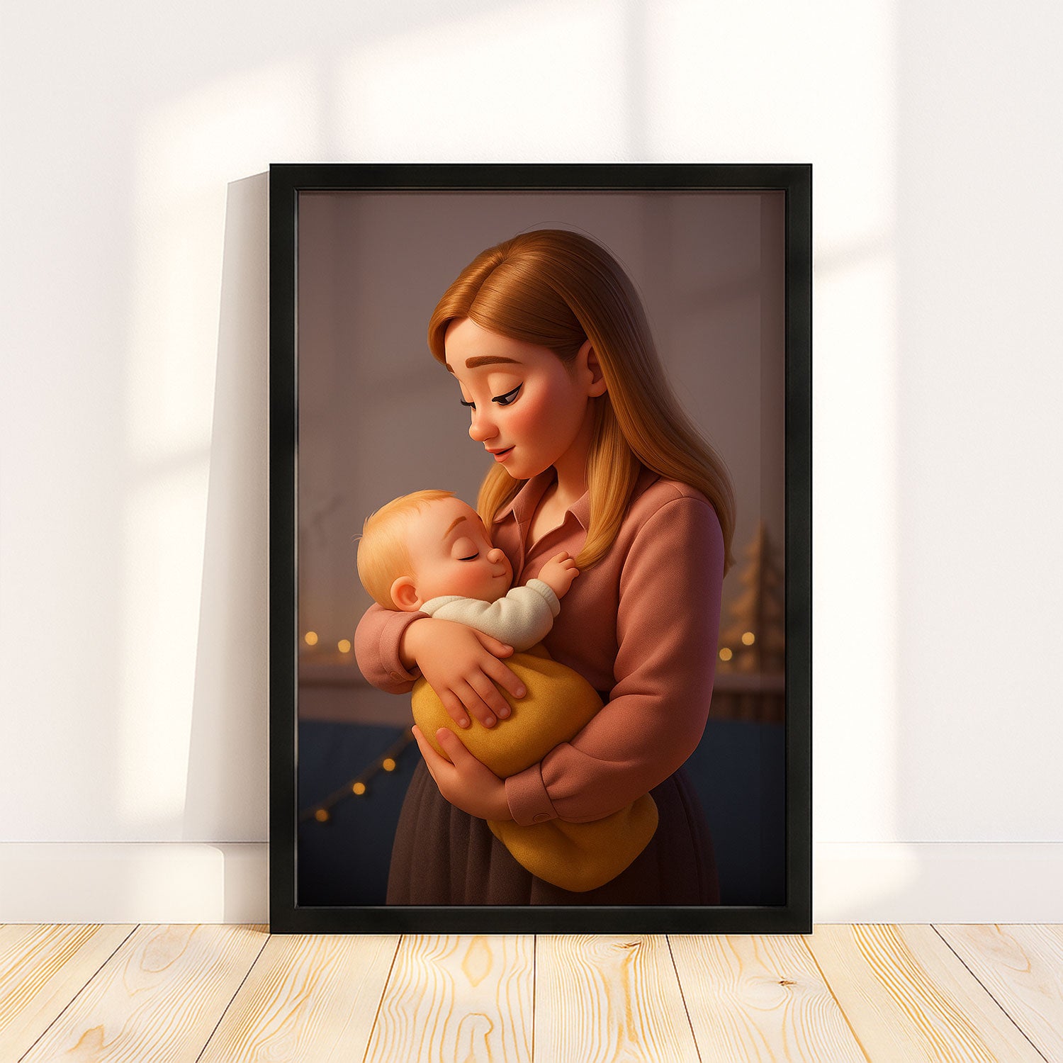 Adorable Cartoon Art Print of Loving Mother and Baby - Perfect Nursery Decor in Charming Style for Family Moments
 - 1
