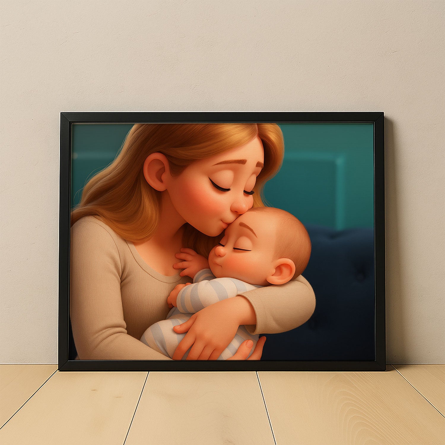 Warm Embrace: Stunning Cartoon-Style Art of Mother Kissing Baby - Perfect Gift for New Moms and Nursery Décor
 - 1