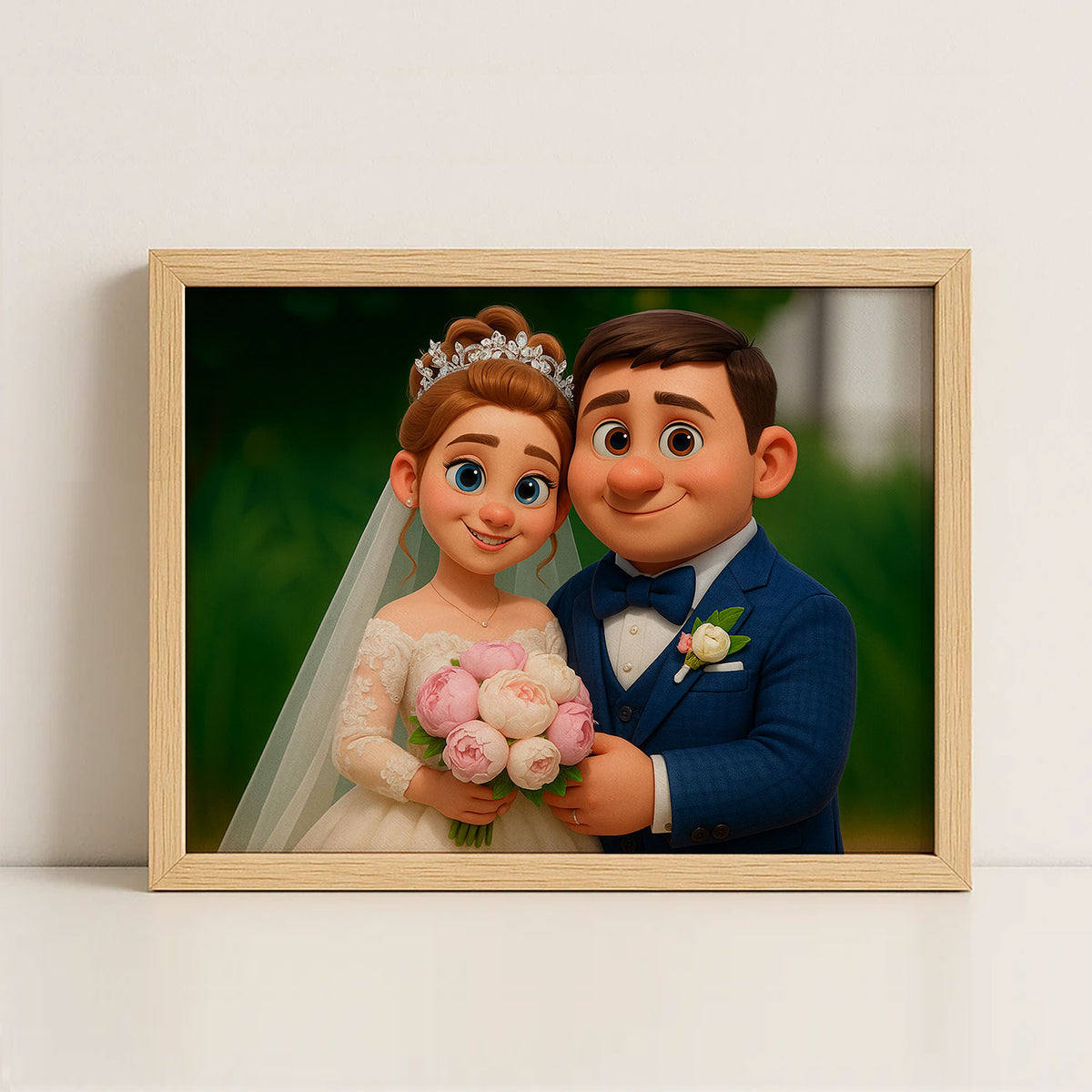 Charming Animated Wedding Portrait: Joyful Bride and Groom in Whimsical Illustration Style
 - 1
