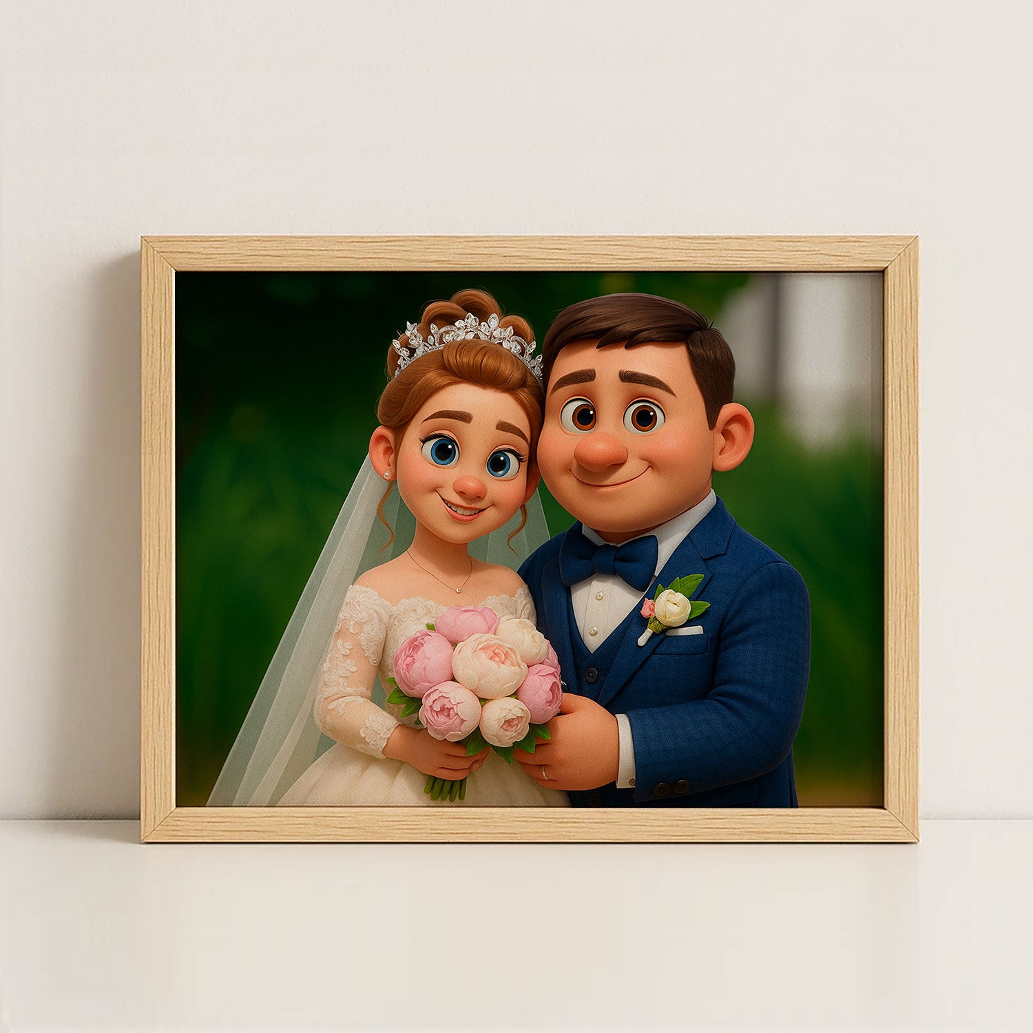 Charming Animated Wedding Portrait: Joyful Bride and Groom in Whimsical Illustration Style
 - 1