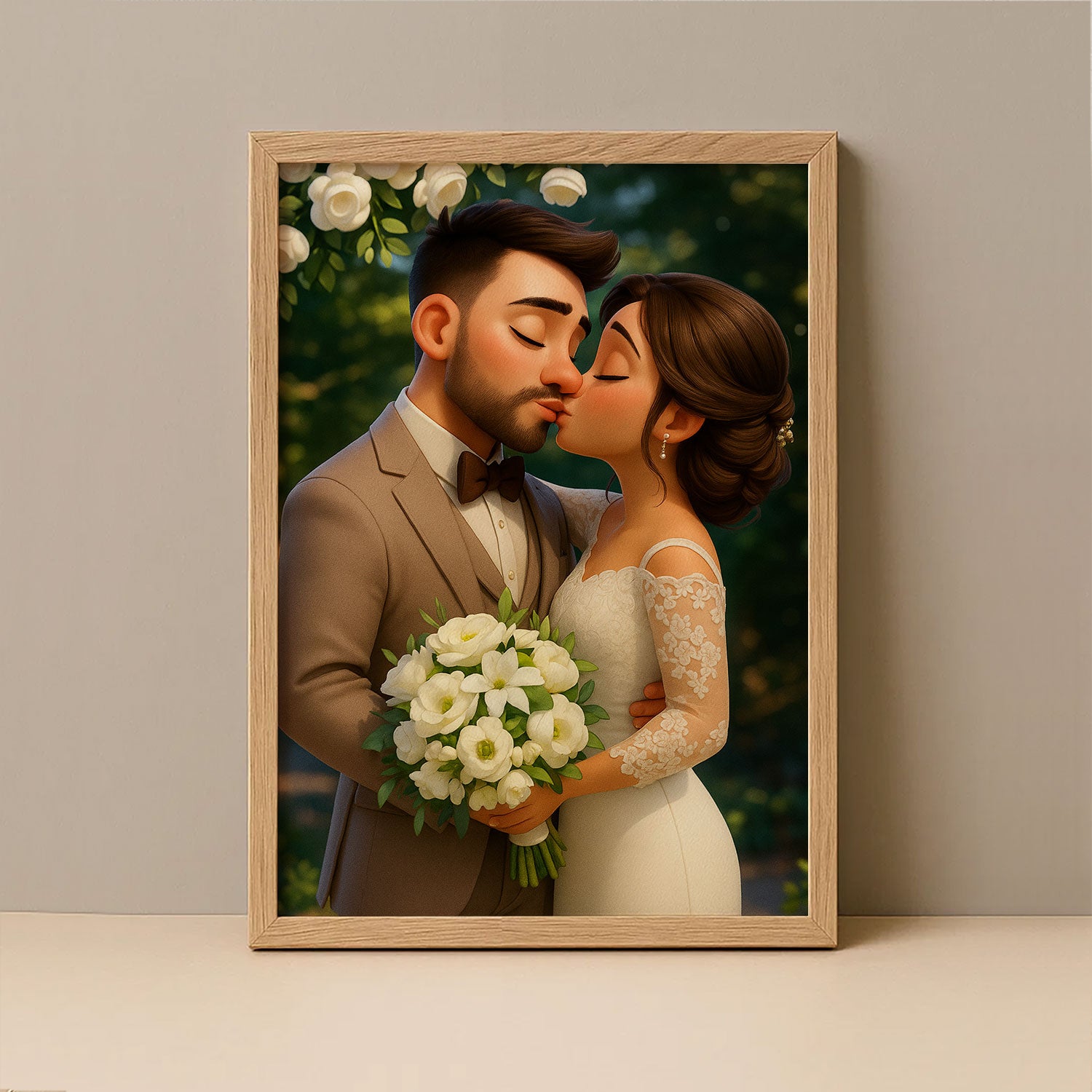 Charming Animated Wedding Portrait: Bride and Groom Embrace in Whimsical Art Style
 - 1