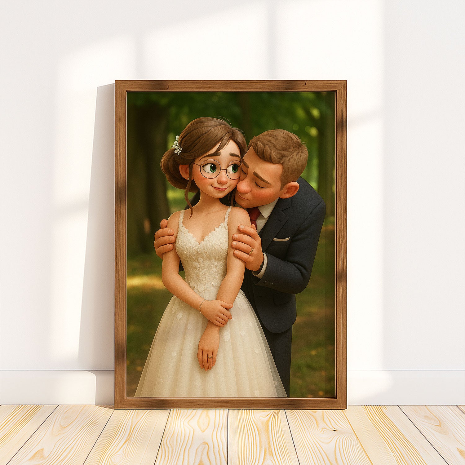 Charming Cartoon Wedding Portrait of a Happy Couple - Perfect Art for Home Decor and Wedding Memories
 - 1