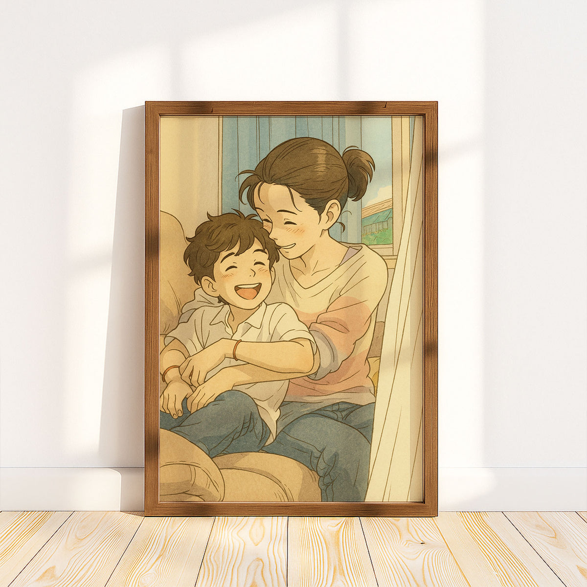Charming Cartoon Style Artwork of Father and Son Enjoying Nature - Perfect for Family and Kids&#39; Room Decor
 - 1