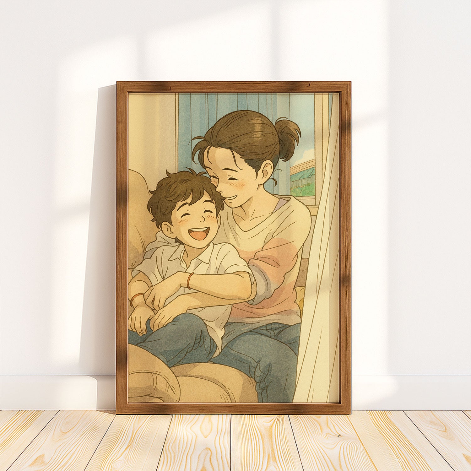 Charming Cartoon Style Artwork of Father and Son Enjoying Nature - Perfect for Family and Kids' Room Decor
 - 1