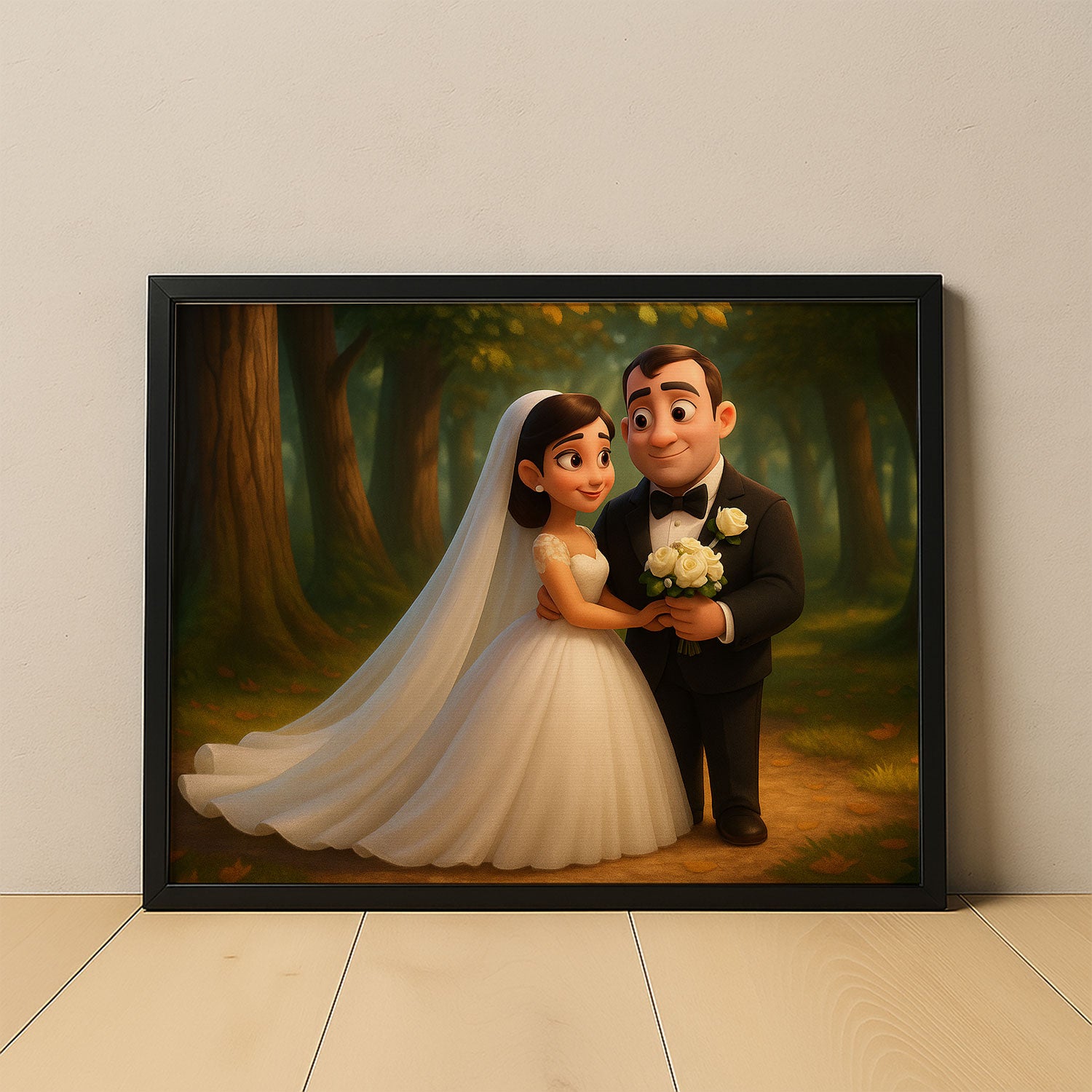 Charming Cartoon Wedding Portrait of a Bride and Groom in a Beautiful Forest Setting - Perfect for Home Decor
 - 1