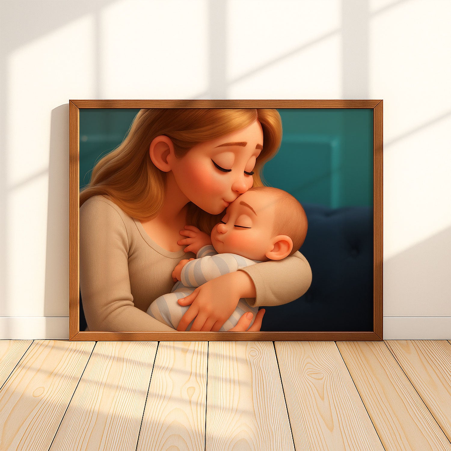 Heartwarming Digital Art of a Mother Embracing Her Sleeping Baby – Cute Cartoon Style Wall Decor for Nursery or Kids’ Room
 - 1