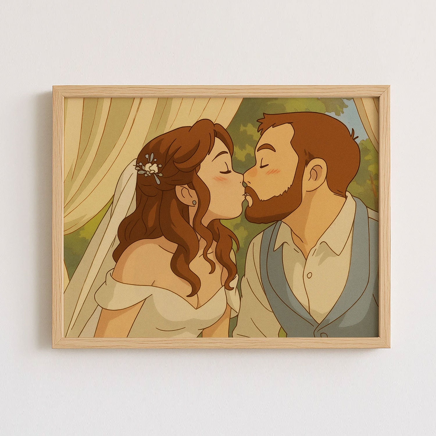 Whimsical Cartoon Wedding Kiss Art Print – Perfect Gift for Newlyweds and Couples
 - 1
