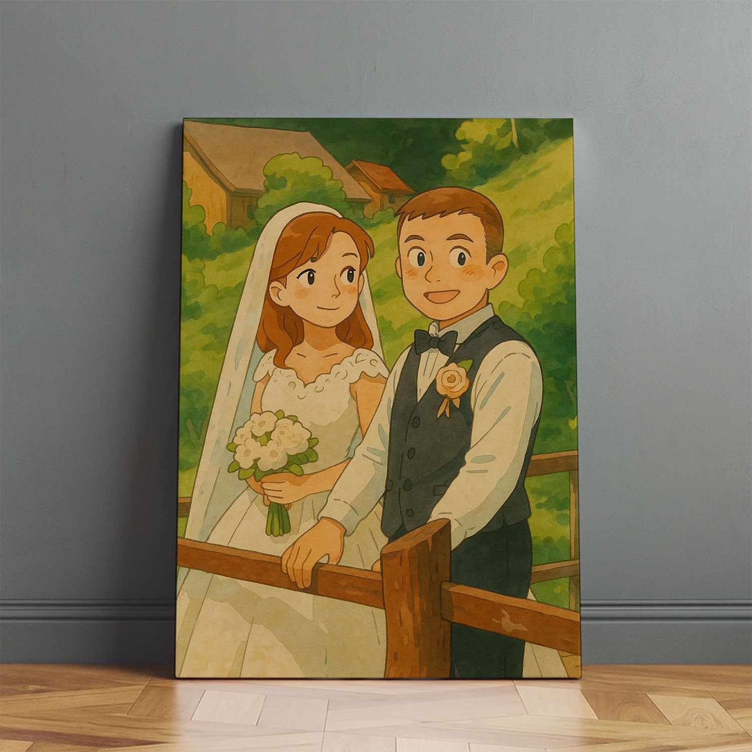 Charming Anime Wedding Portrait – Romantic Couple in Nature, Perfect for Home Decor
 - 1