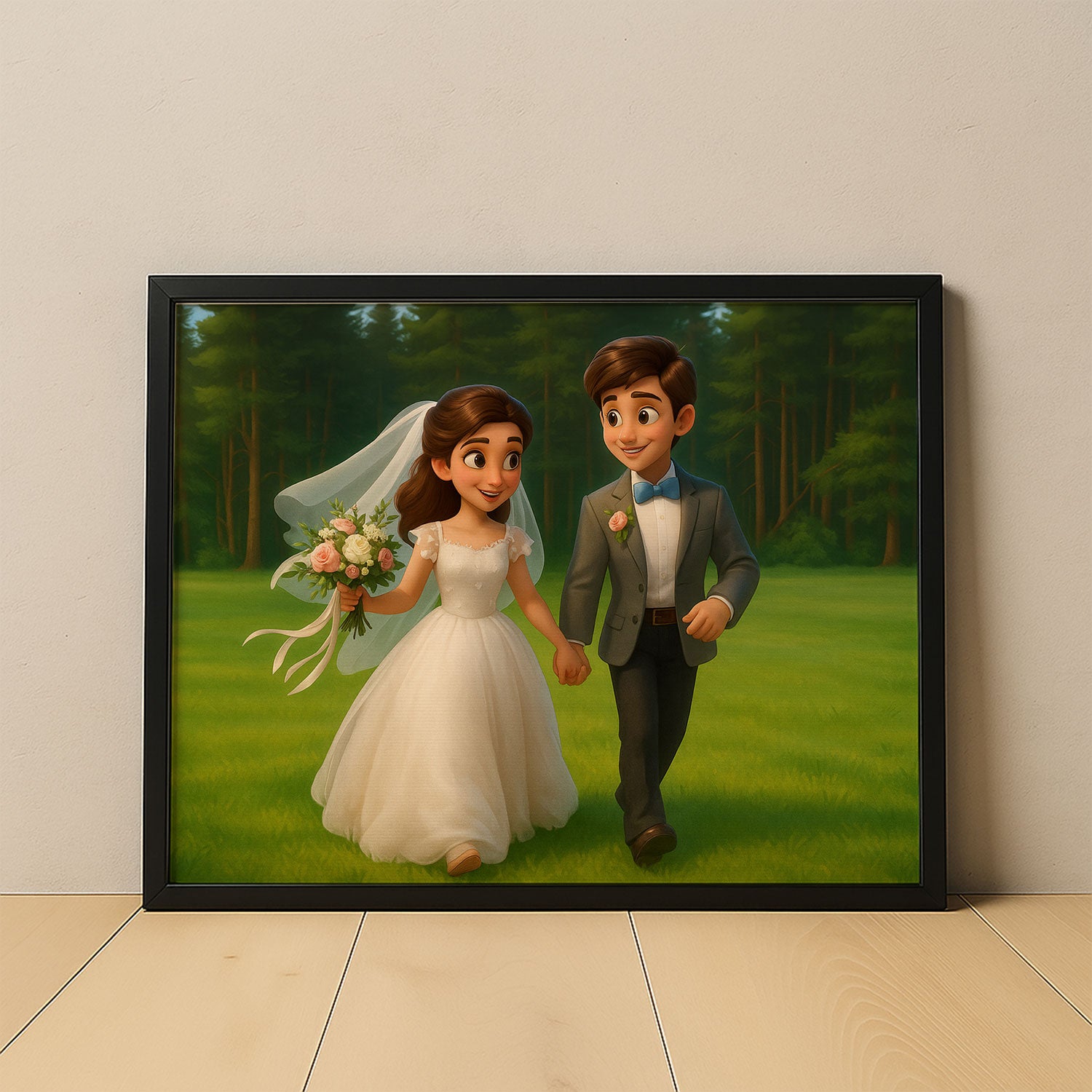 Charming Cartoon Wedding Art Print: Beautiful Bride and Groom in Vibrant Animation Style for Your Home Décor
 - 1