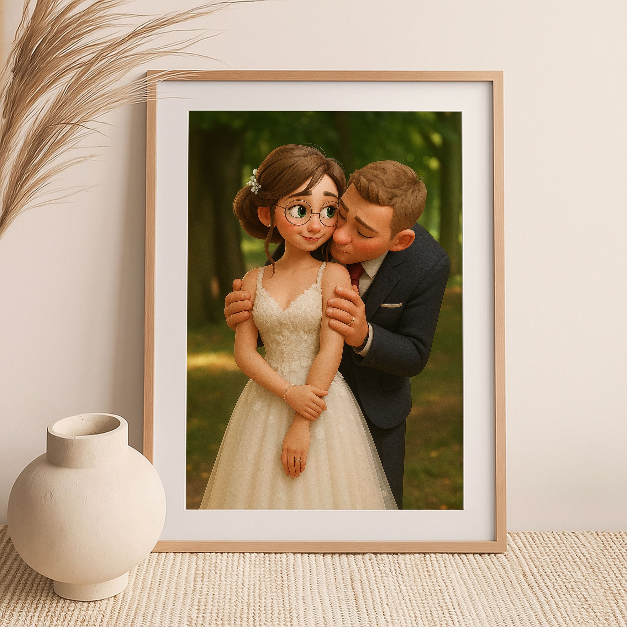 Charming Cartoon Wedding Couple Art Print – Whimsical Illustration for Home Decor and Gifts
 - 1