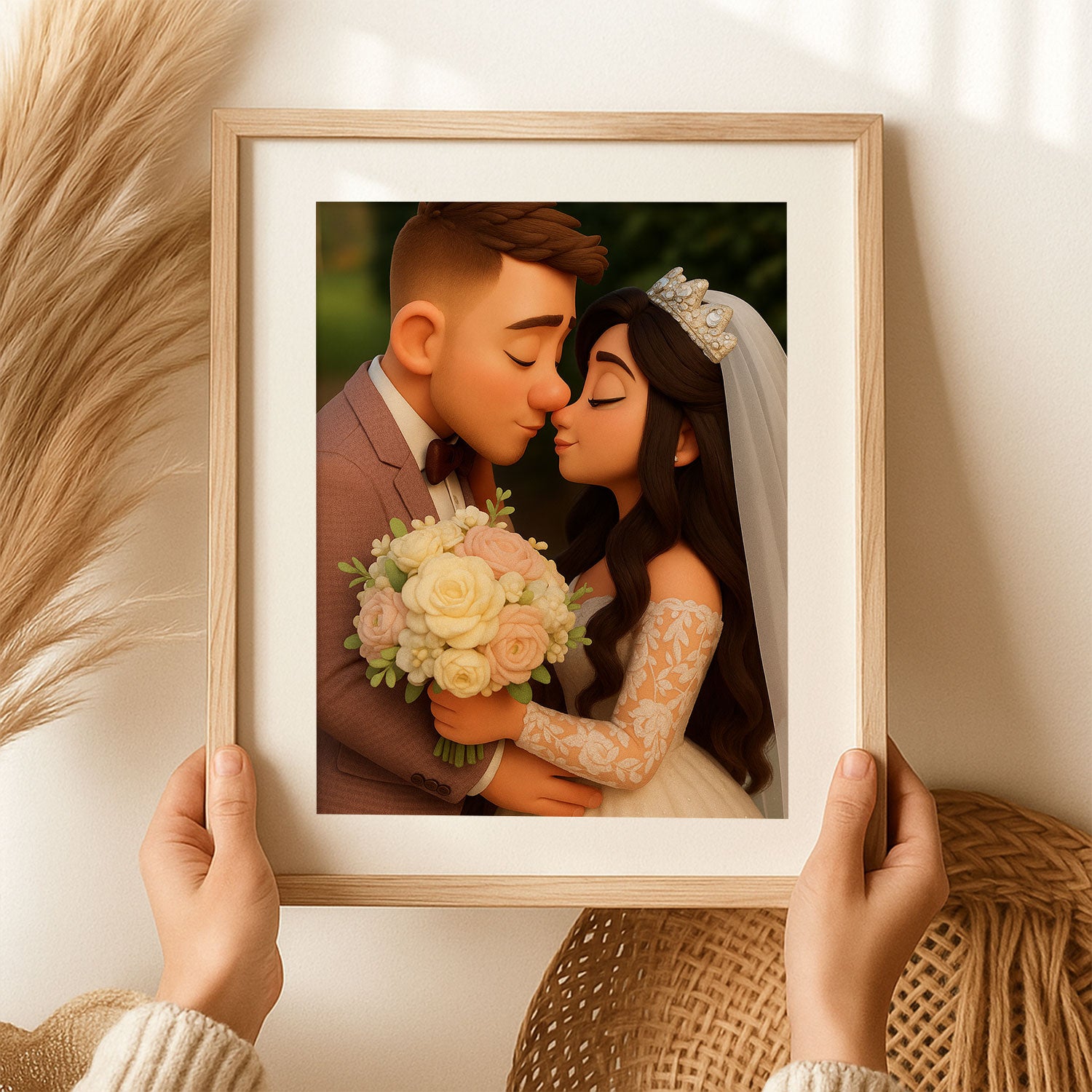 Charming Cartoon Wedding Art: Whimsical Illustration of Bride and Groom in Floral Setting
 - 1