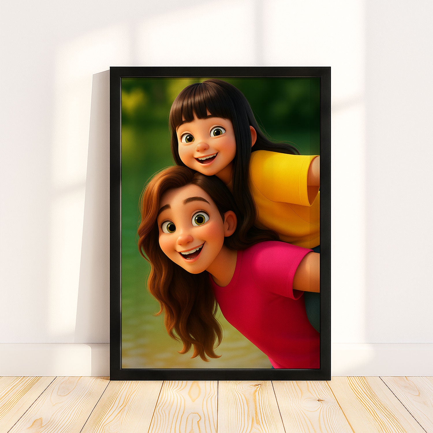 Heartwarming Cartoon Mom and Daughter Art Print - Perfect Gift for Family Love in Vibrant Animated Style
 - 1