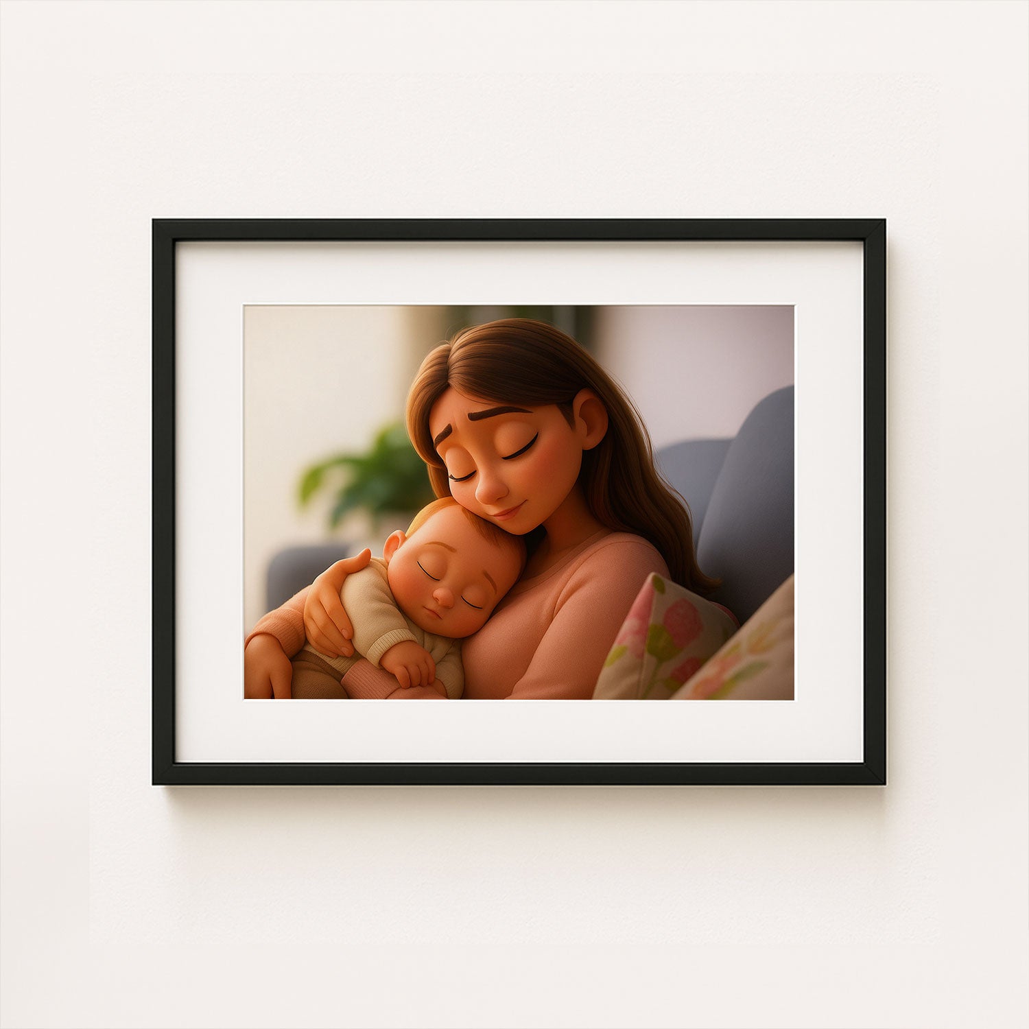Heartwarming Mother and Baby Digital Art Print - Cozy Moments in a Charming Cartoon Style for Home Decor
 - 1