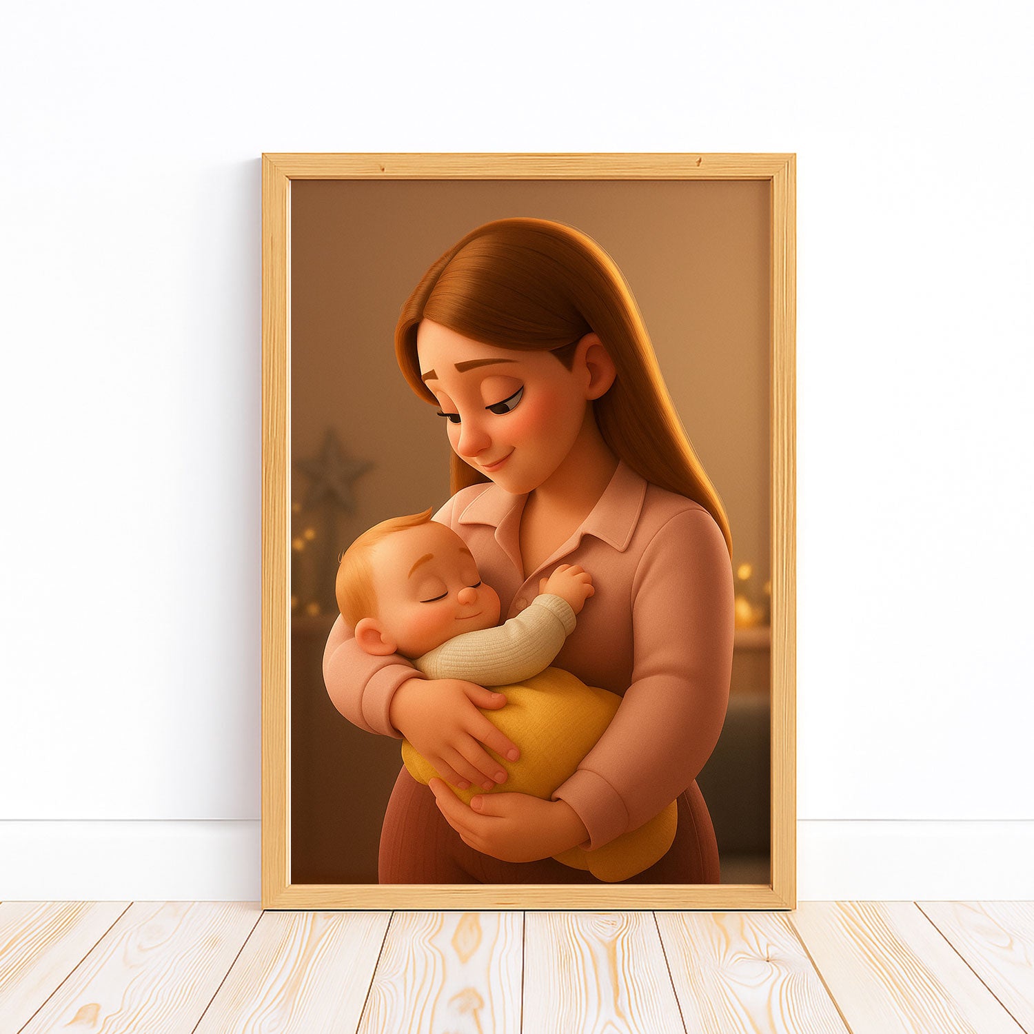 Heartwarming Cartoon Art Print of a Mother Joyfully Interacting with Her Baby in a Cozy Home Setting - Perfect for Nurseries and Family Spaces
 - 1
