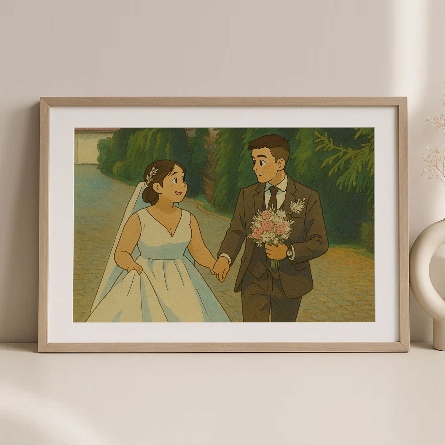 Charming Animated Wedding Couple Artwork - Whimsical Romance in Vibrant Garden Setting
 - 1