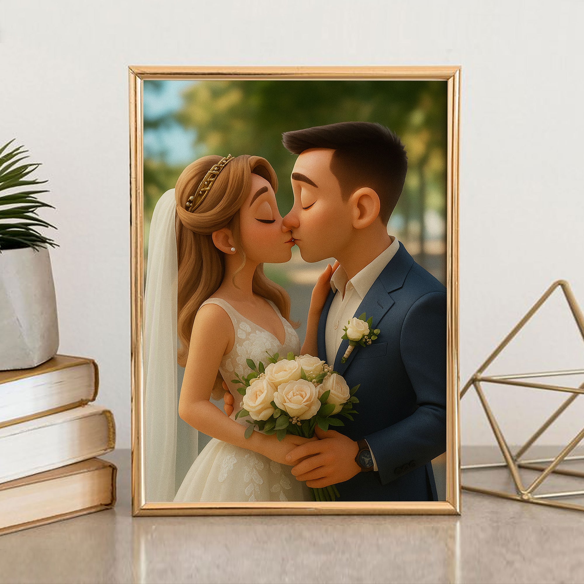 Charming Animated Wedding Art: Romantic Kissing Couple in Cartoon Style for Your Home Decor
 - 1