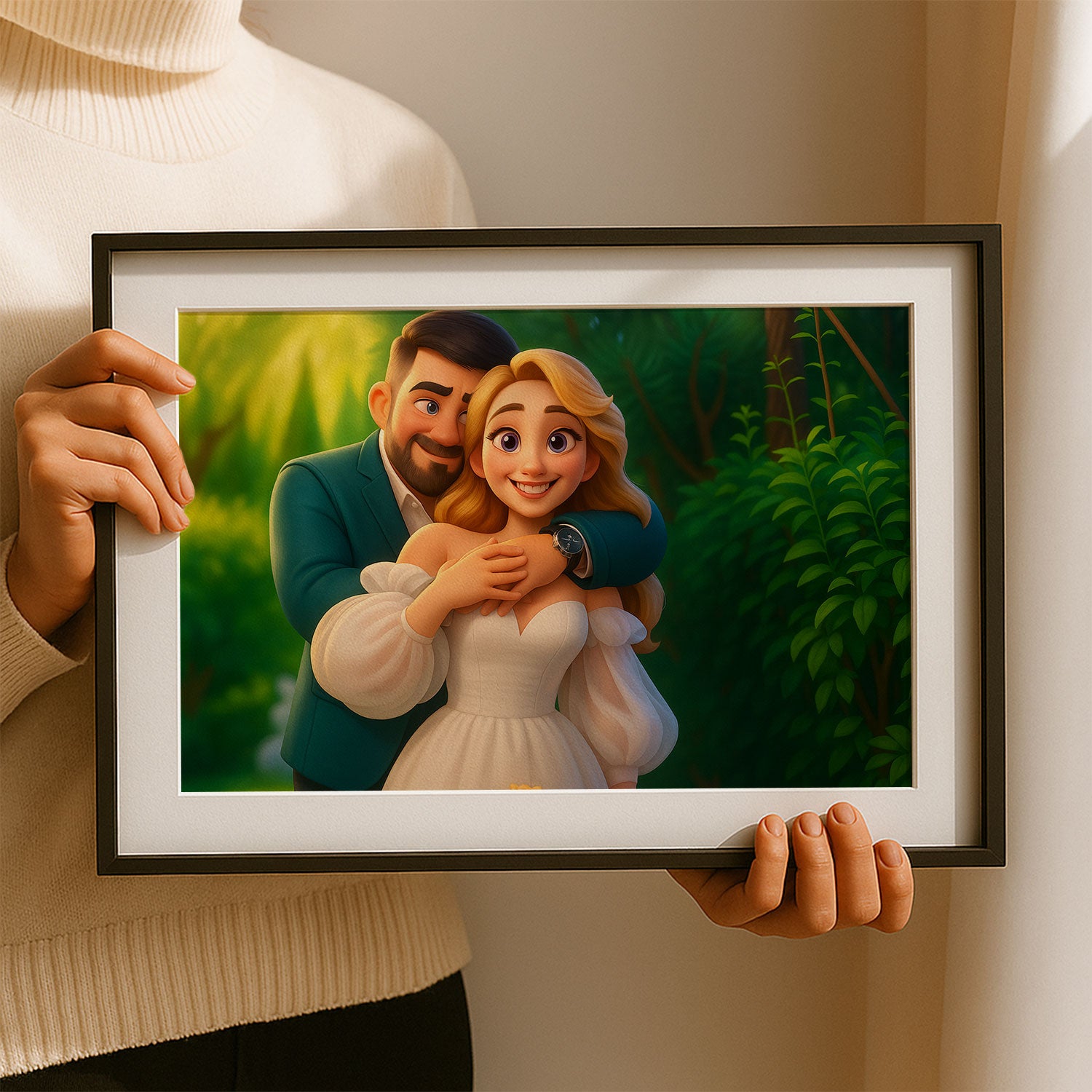 Whimsical Disney-Inspired Wedding Art Print of Loving Couple in Romantic Setting
 - 1