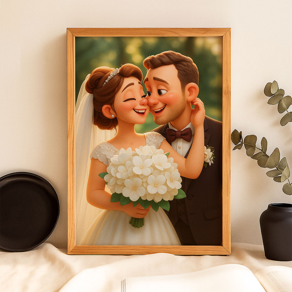 Charming Cartoon Wedding Portrait: Celebrate Love with Whimsical Art Style for Your Home Decor
 - 1