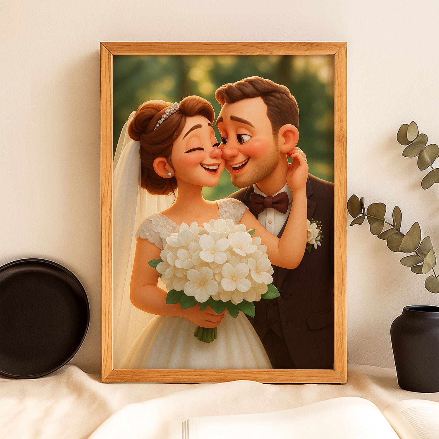 Charming Cartoon Wedding Portrait: Celebrate Love with Whimsical Art Style for Your Home Decor
 - 1