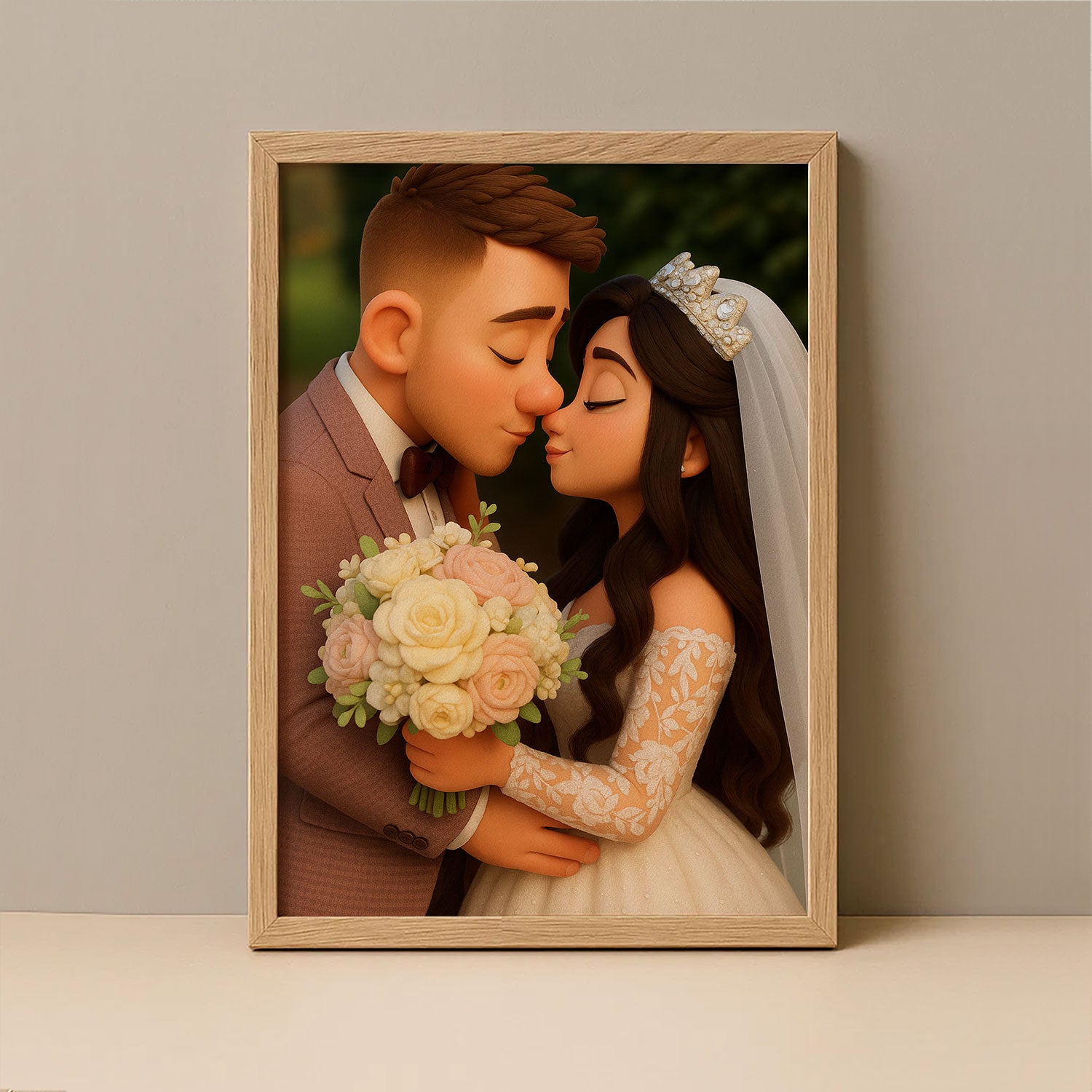 Whimsical Cartoon Wedding Portrait of Happy Couple in Nature - Perfect for Celebrating Love and Special Days
 - 1