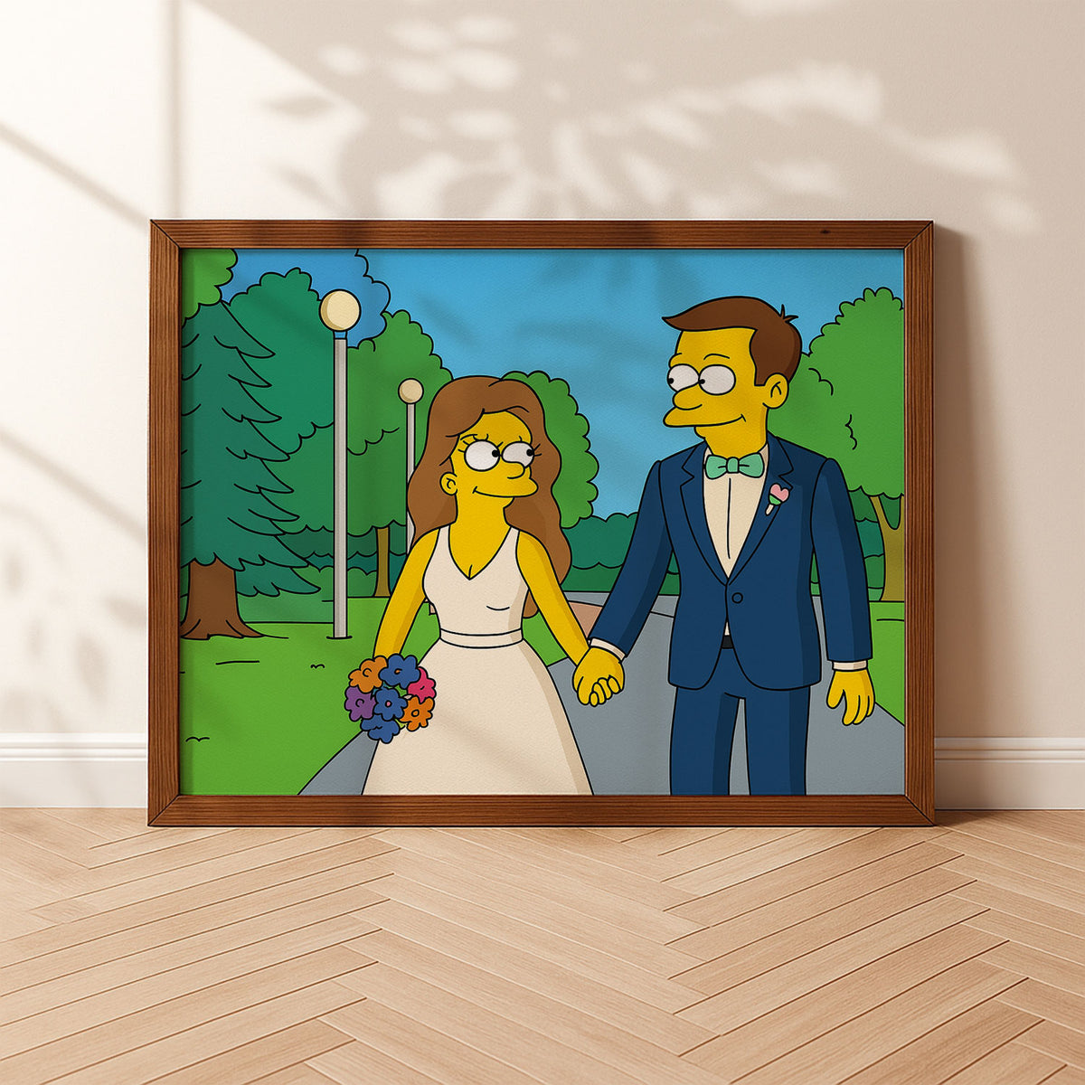 Whimsical Simpsons-Inspired Wedding Art Print – Vibrant Cartoon Couple in Romantic Setting
 - 1