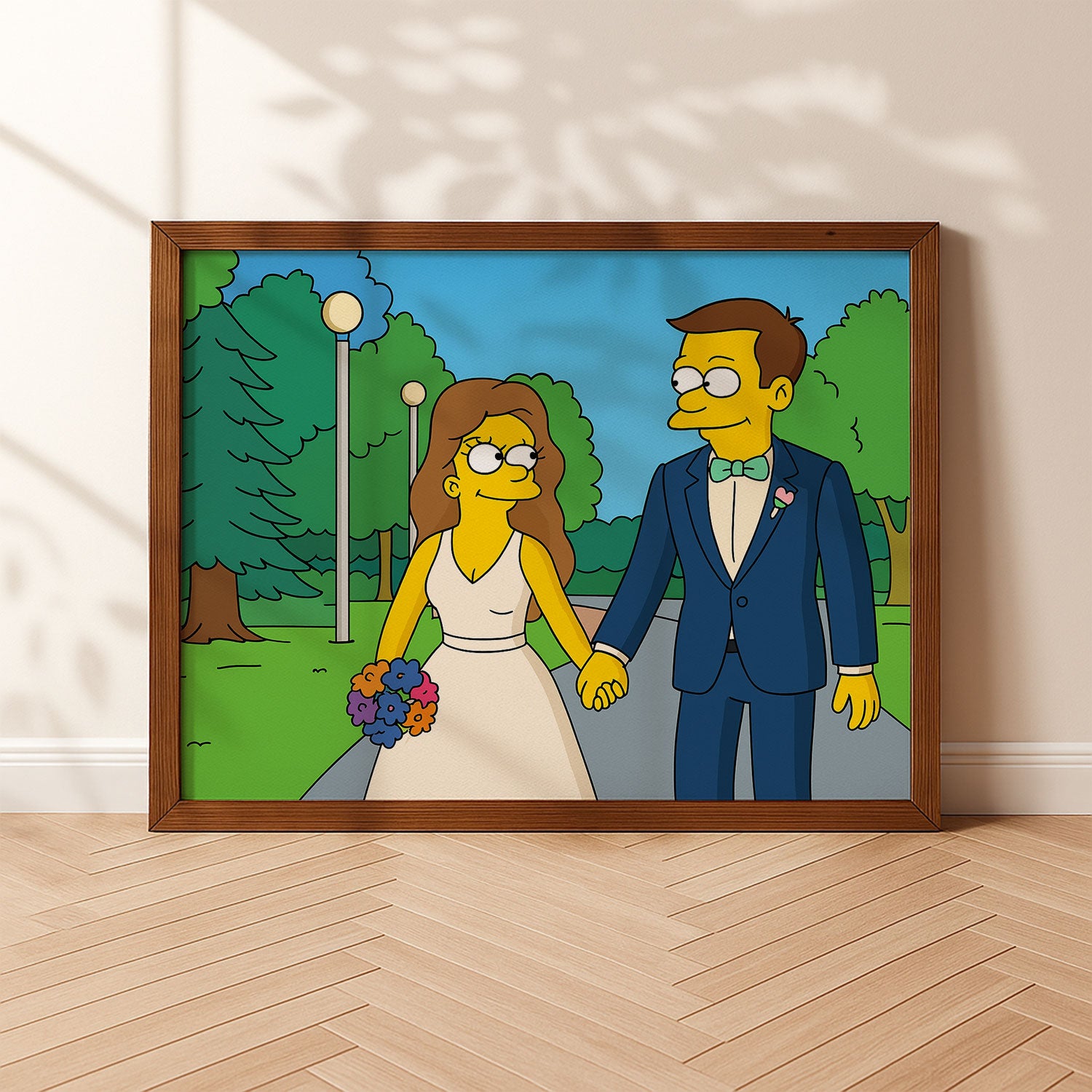 Whimsical Simpsons-Inspired Wedding Art Print – Vibrant Cartoon Couple in Romantic Setting
 - 1