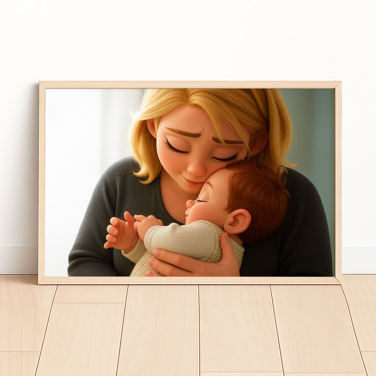 Heartwarming Cartoon Illustration of Mother and Baby Embracing – Perfect Wall Art for Family Love and Joy in Your Home
 - 1
