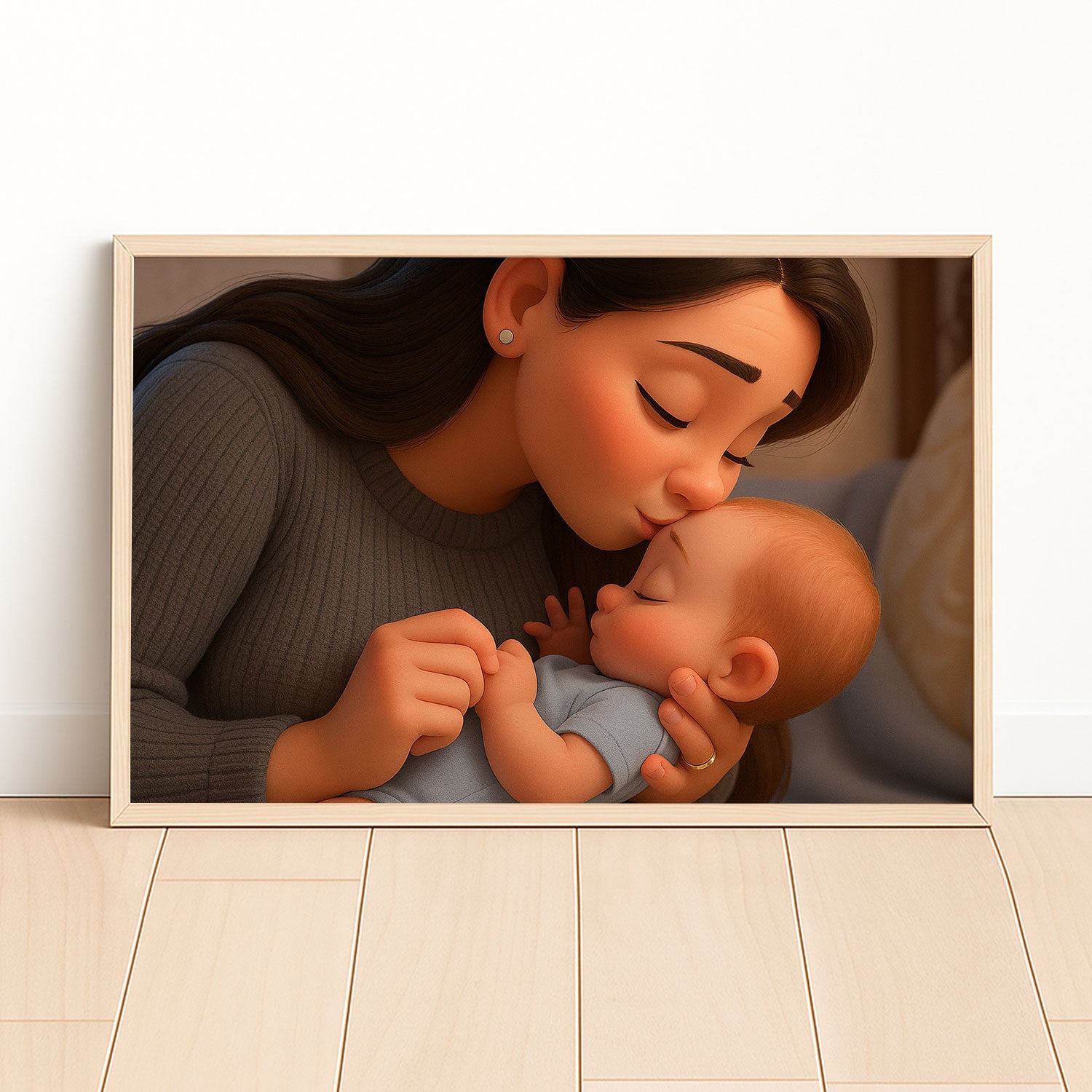 Heartwarming Cartoon Art Print of Mother and Baby Cherishing a Sweet Moment Together – Perfect Decor for Nursery and Home
 - 1