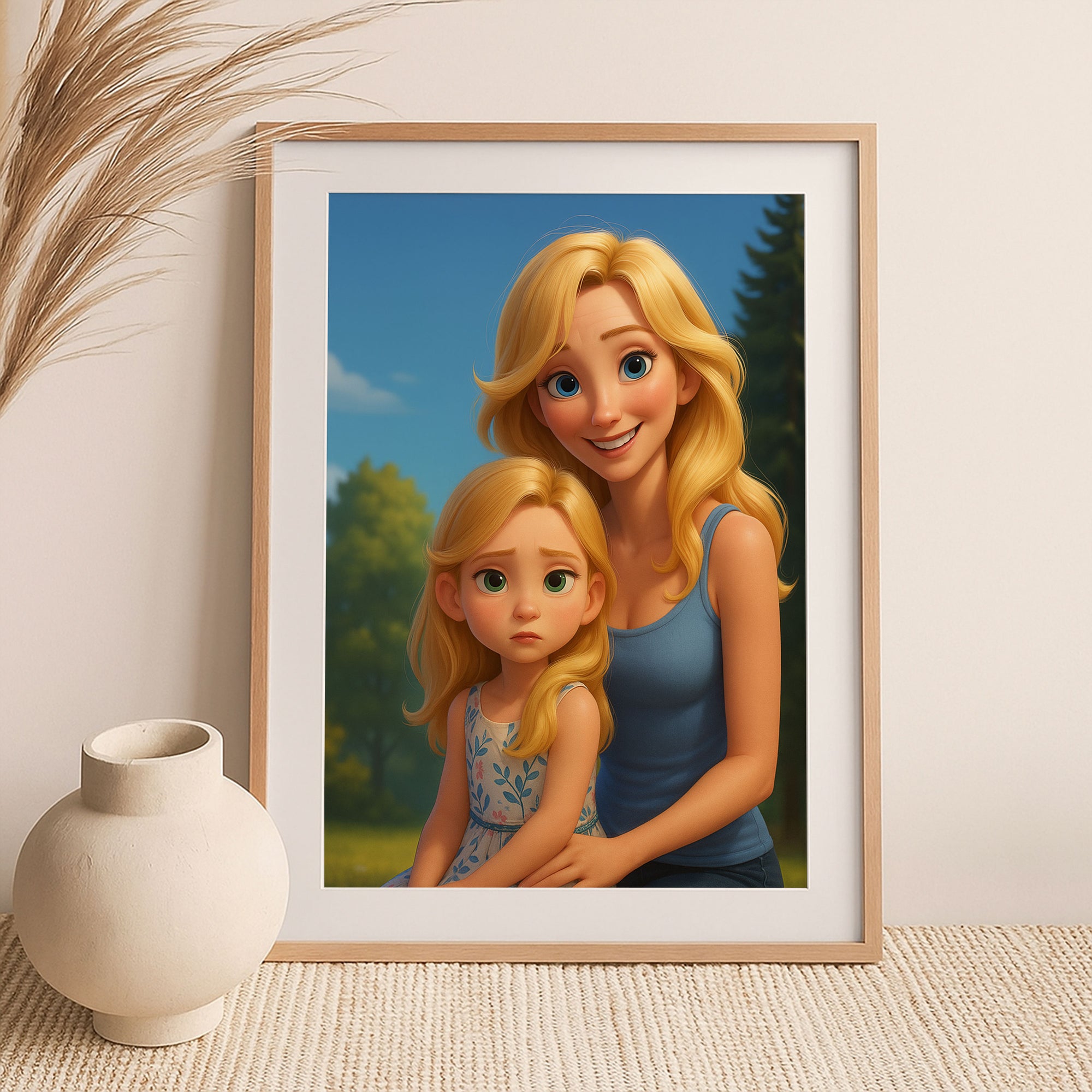 “Heartwarming Cartoon Art of Mother and Daughter Joyfully Embracing | Cute and Colorful Illustration for Family Decor”
 - 1