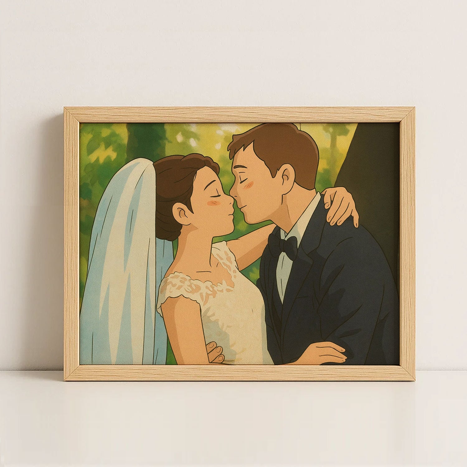 Charming Wedding Kiss Artwork - Romantic Cartoon Style Love Portrait for Special Moments
 - 1