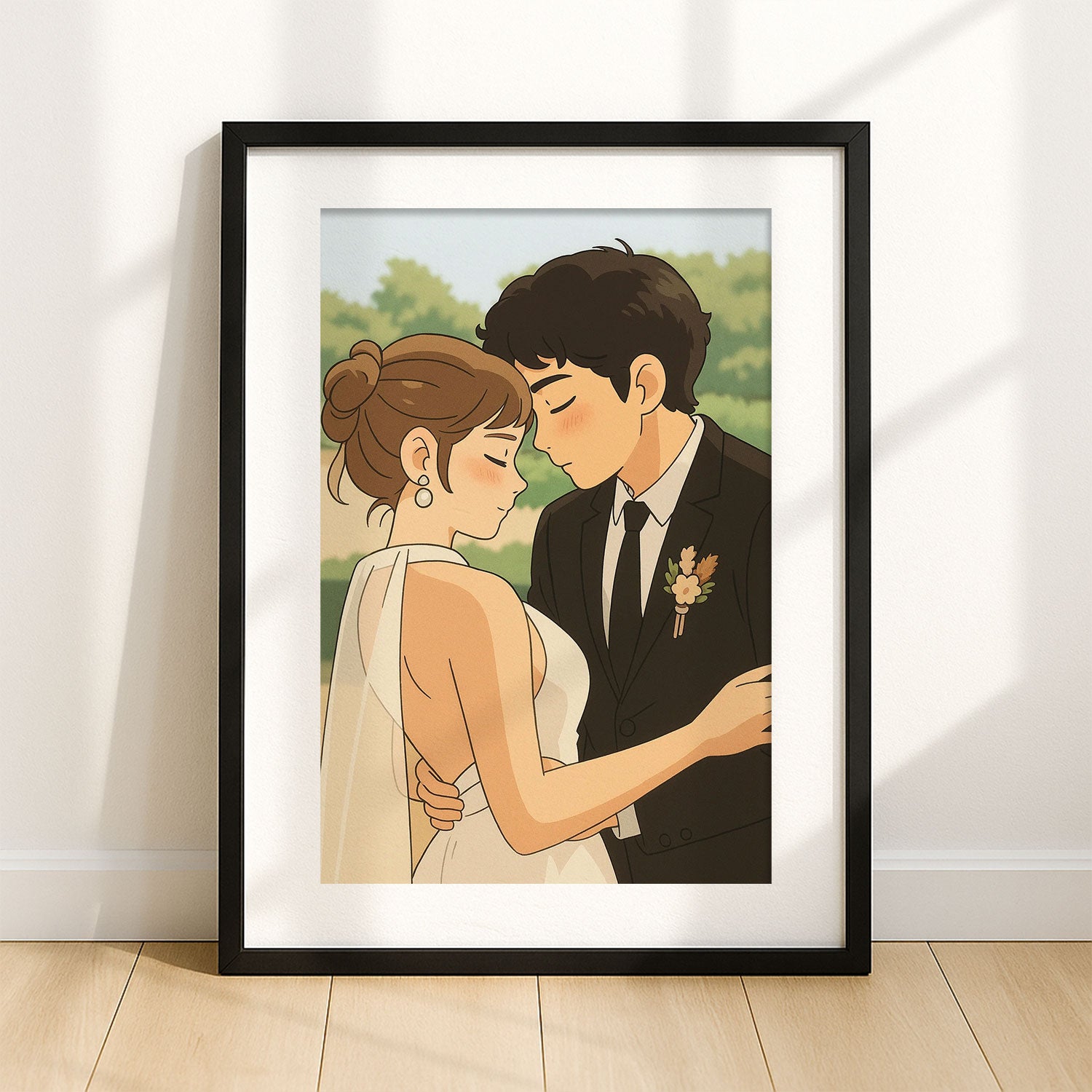 Charming Animated Wedding Artwork: Elegant Couple in Nature-Inspired Style - Perfect for Home Decor
 - 1