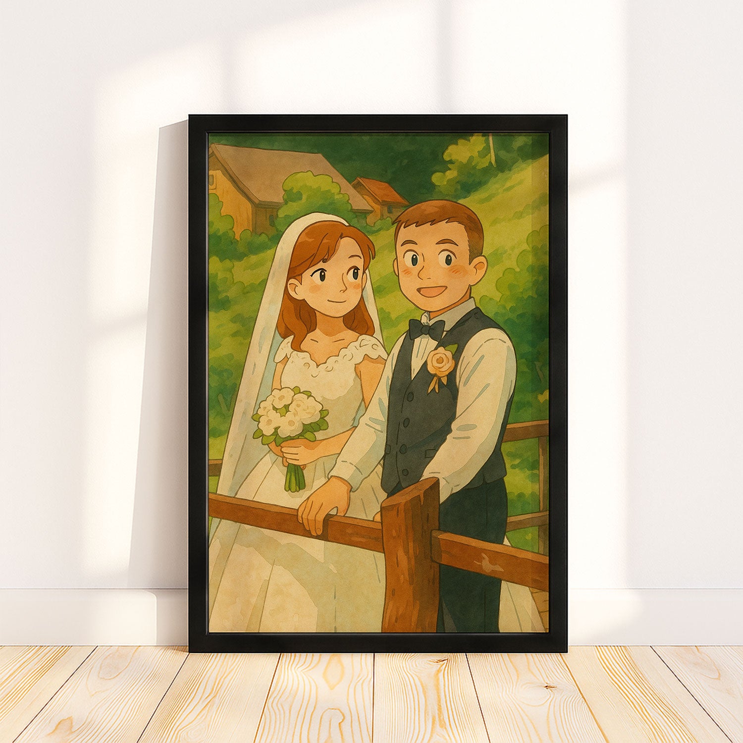 Charming Wedding Portrait Art Print: Cute Couple in Vintage Illustration Style for Home Décor
 - 1