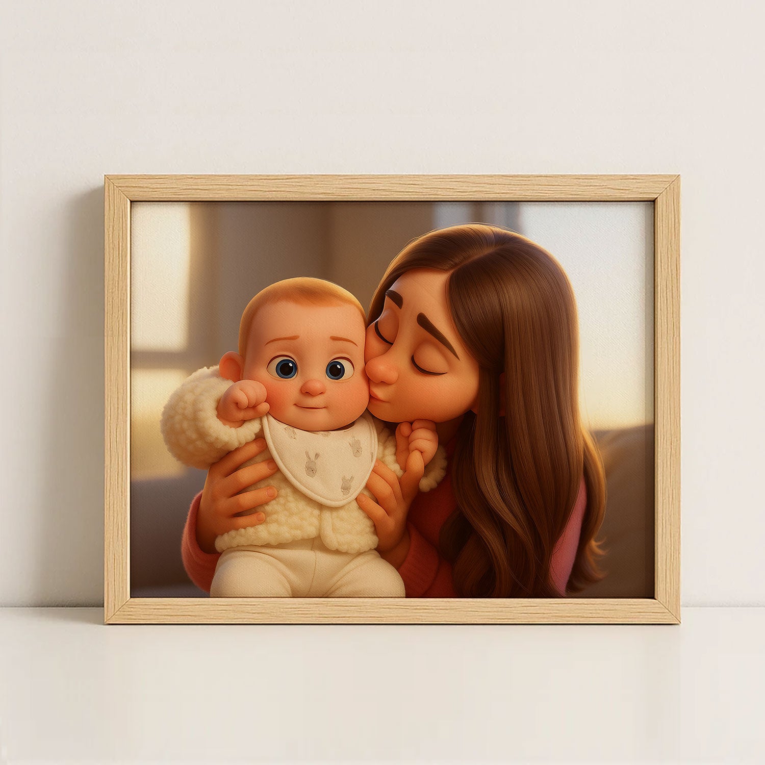 Heartwarming Cartoon Illustration of Mother Joyfully Cuddling Her Sleeping Baby in Cozy Bedroom Setting - Perfect for Nursery Decor!
 - 1