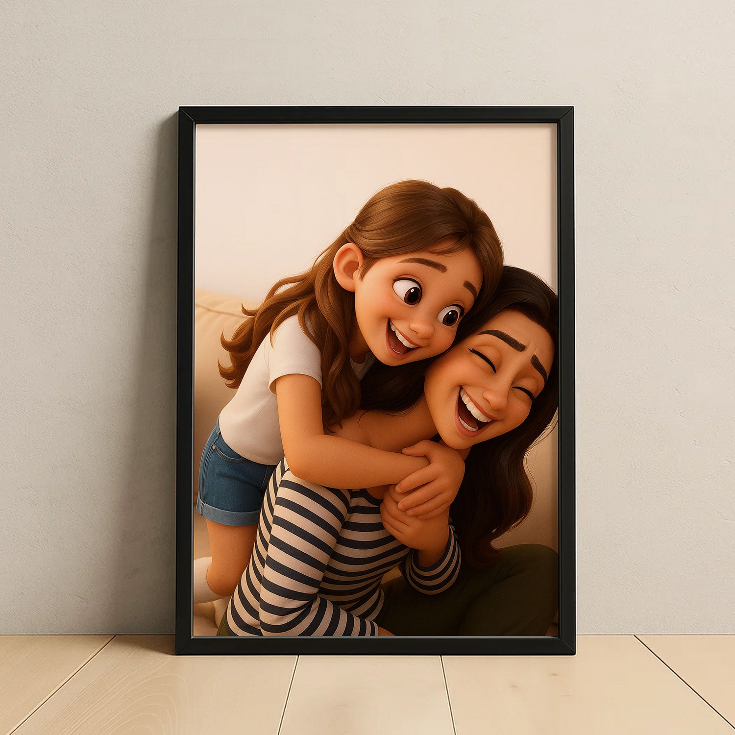 Charming Mother-Daughter Illustrated Art Print in Vibrant Cartoon Style - Perfect for Home Decor
 - 1