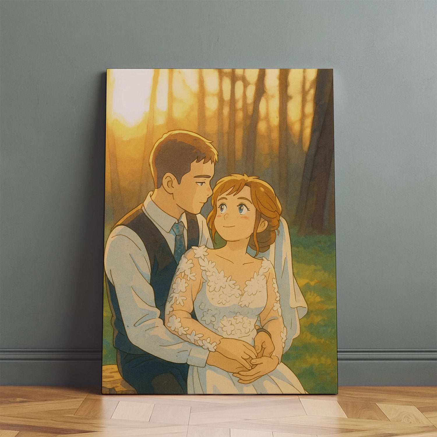 Charming Romantic Scene: Animated Wedding Couple Painting in Lush Nature Setting
 - 1