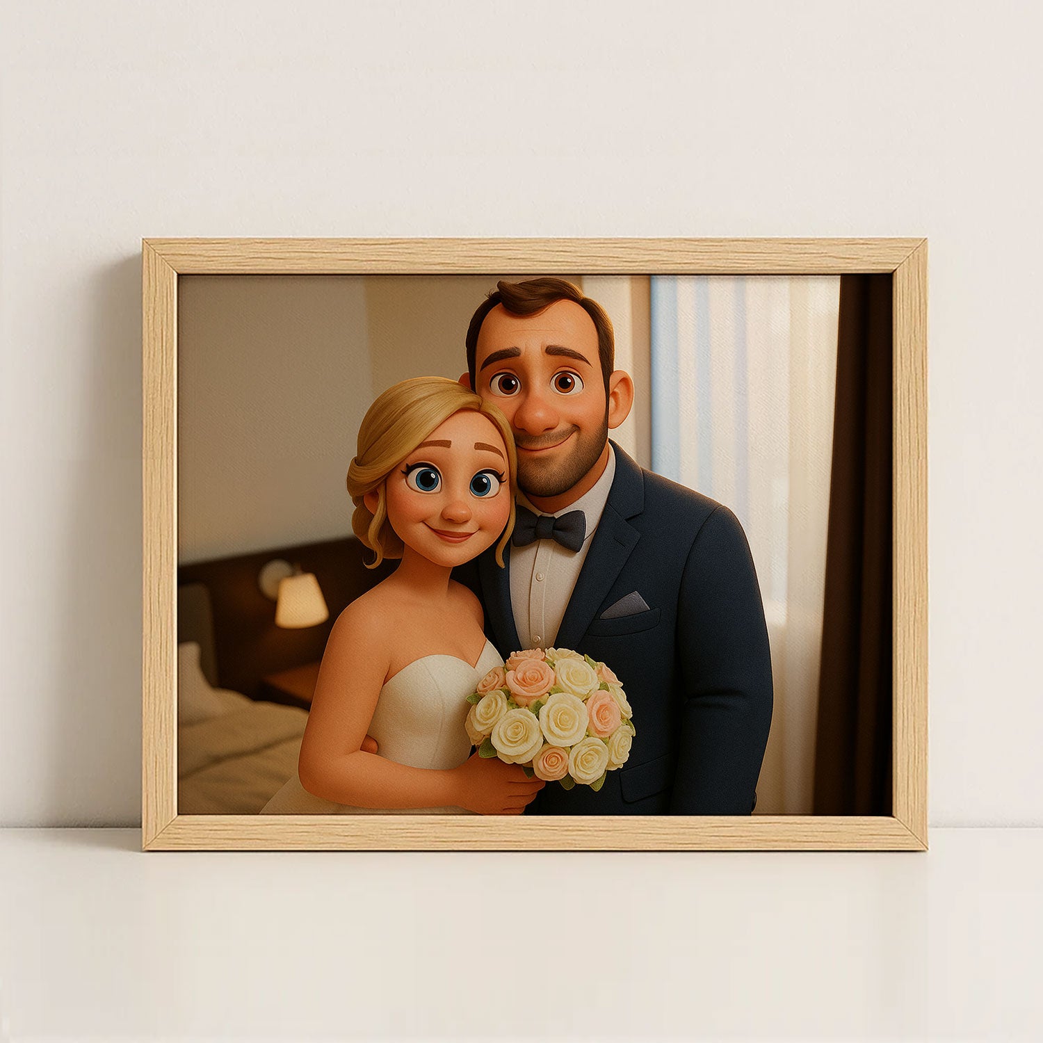 Charming Cartoon Wedding Couple Art Print - Whimsical Love Scene for Home Decor
 - 1