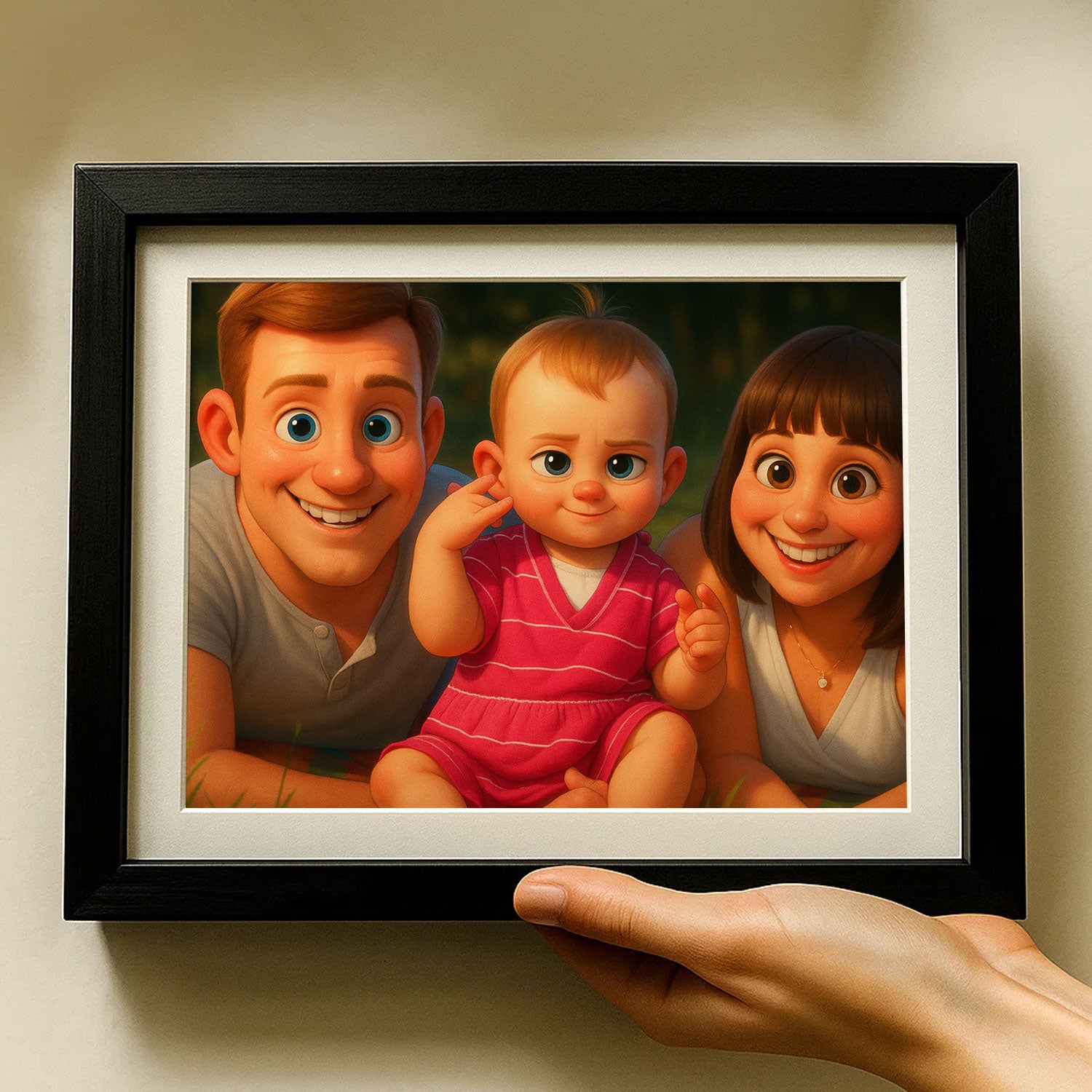 Heartwarming Family Portrait: Joyful Whimsical Cartoon Art Featuring Dad, Baby, and Daughter
 - 1