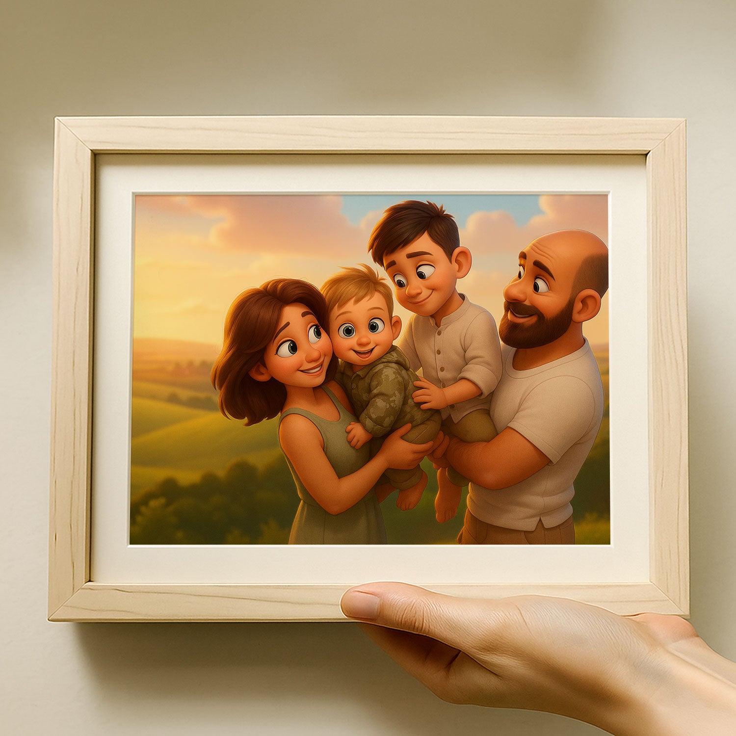Charming Family Portrait in Playful Cartoon Style – Perfect Art for Kids' Rooms and Family Spaces
 - 1