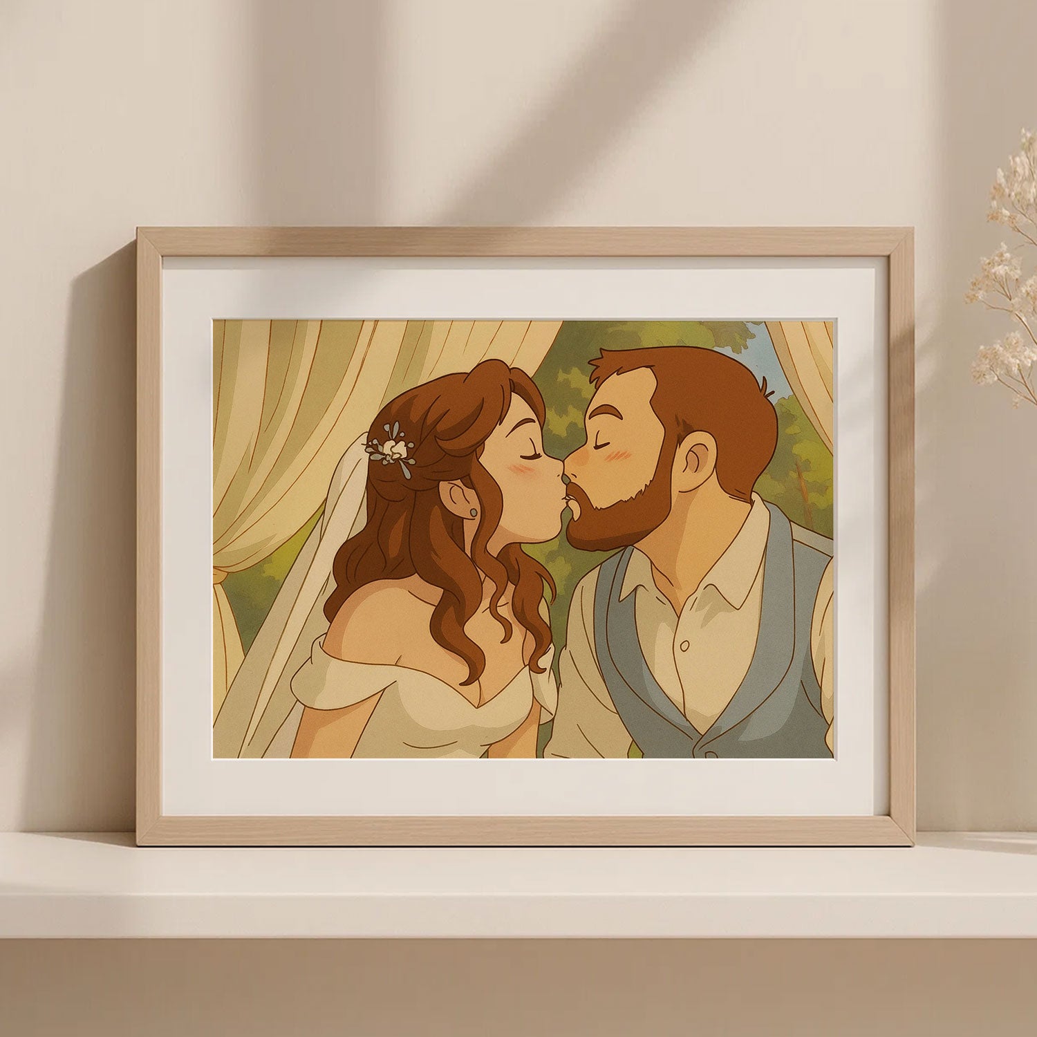 Romantic Wedding Kiss Art Print in Soft Pastel Colors – Perfect Home Decor for Newlyweds and Couples
 - 1