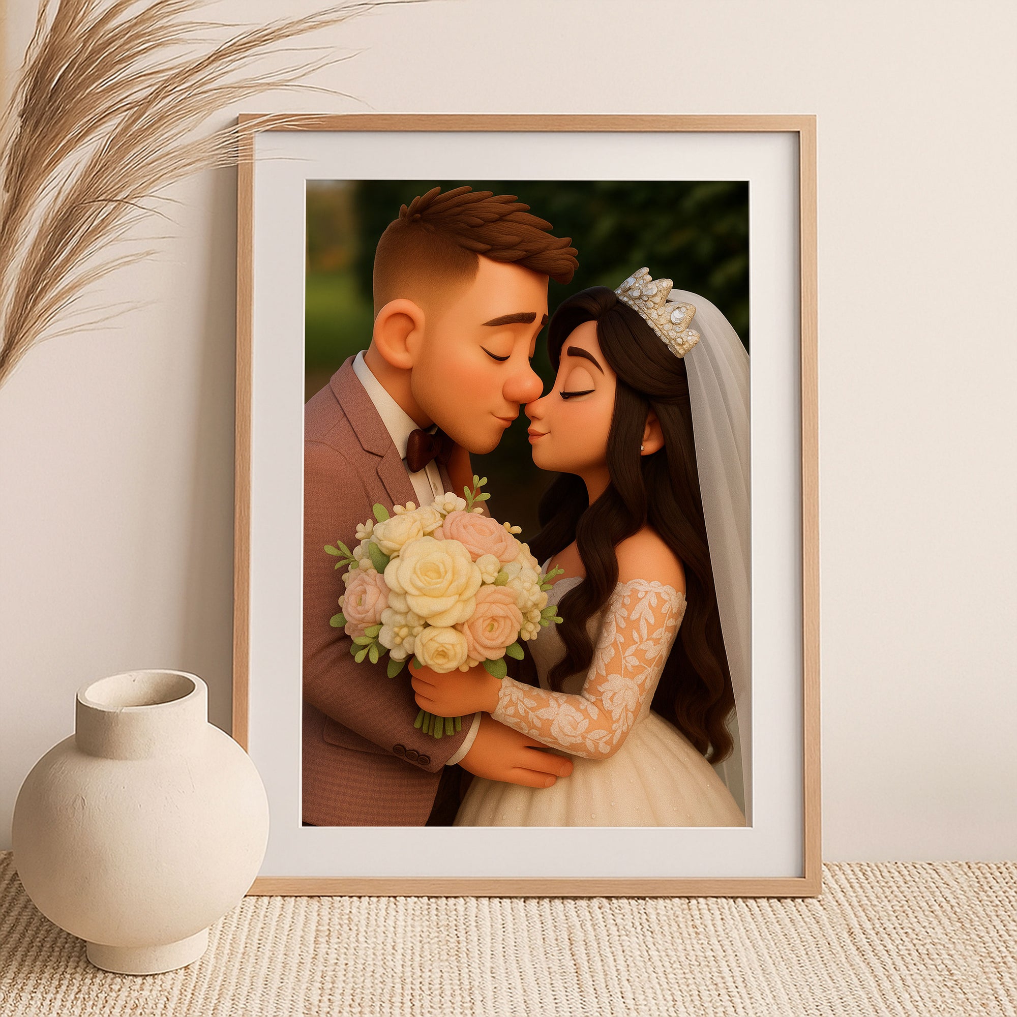 Charming Cartoon Wedding Art: Romantic Couple Portrait Perfect for Home Décor and Gifts
 - 1