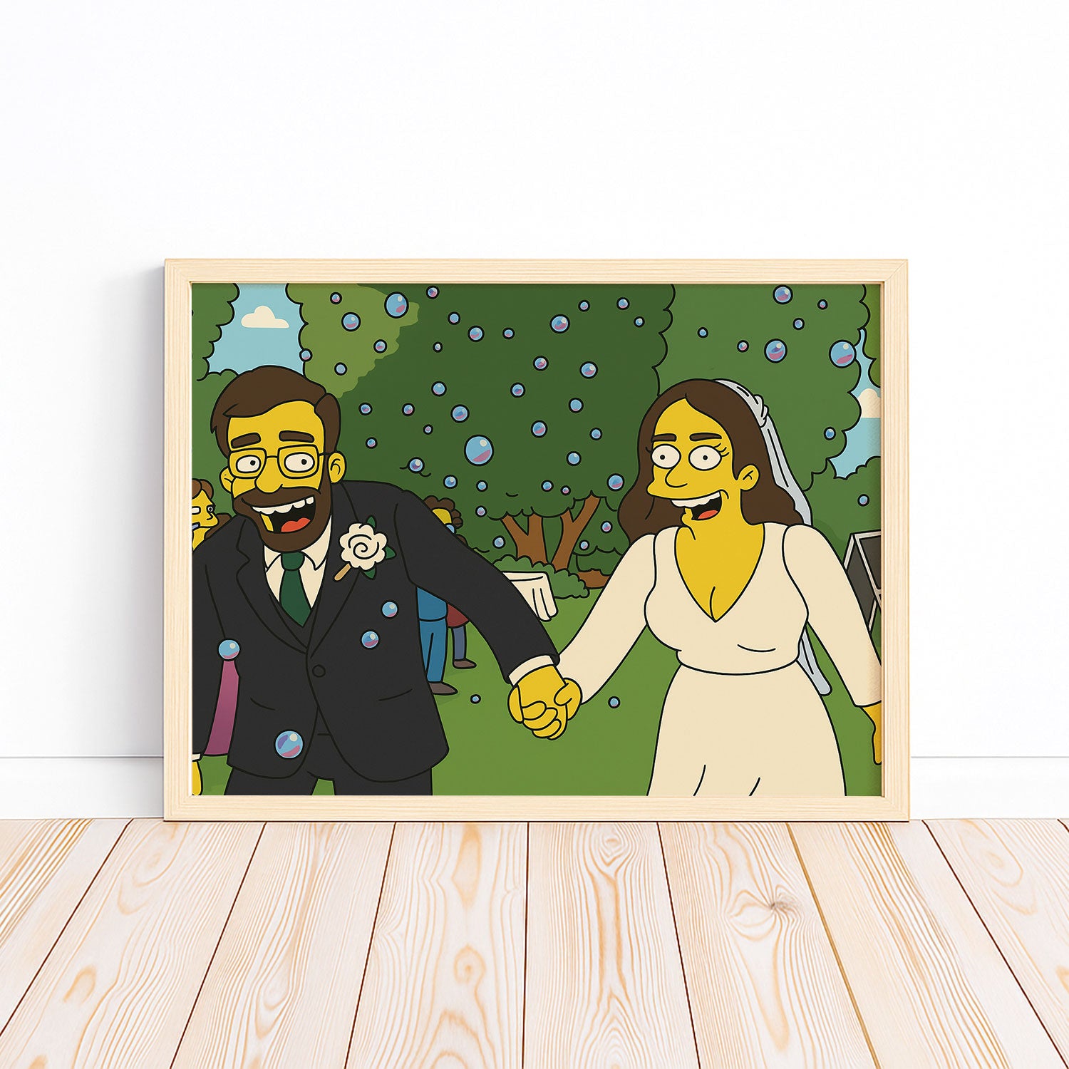 Whimsical Cartoon Wedding Art: Celebrate Love with Fun Couple in Bright Animated Style
 - 1