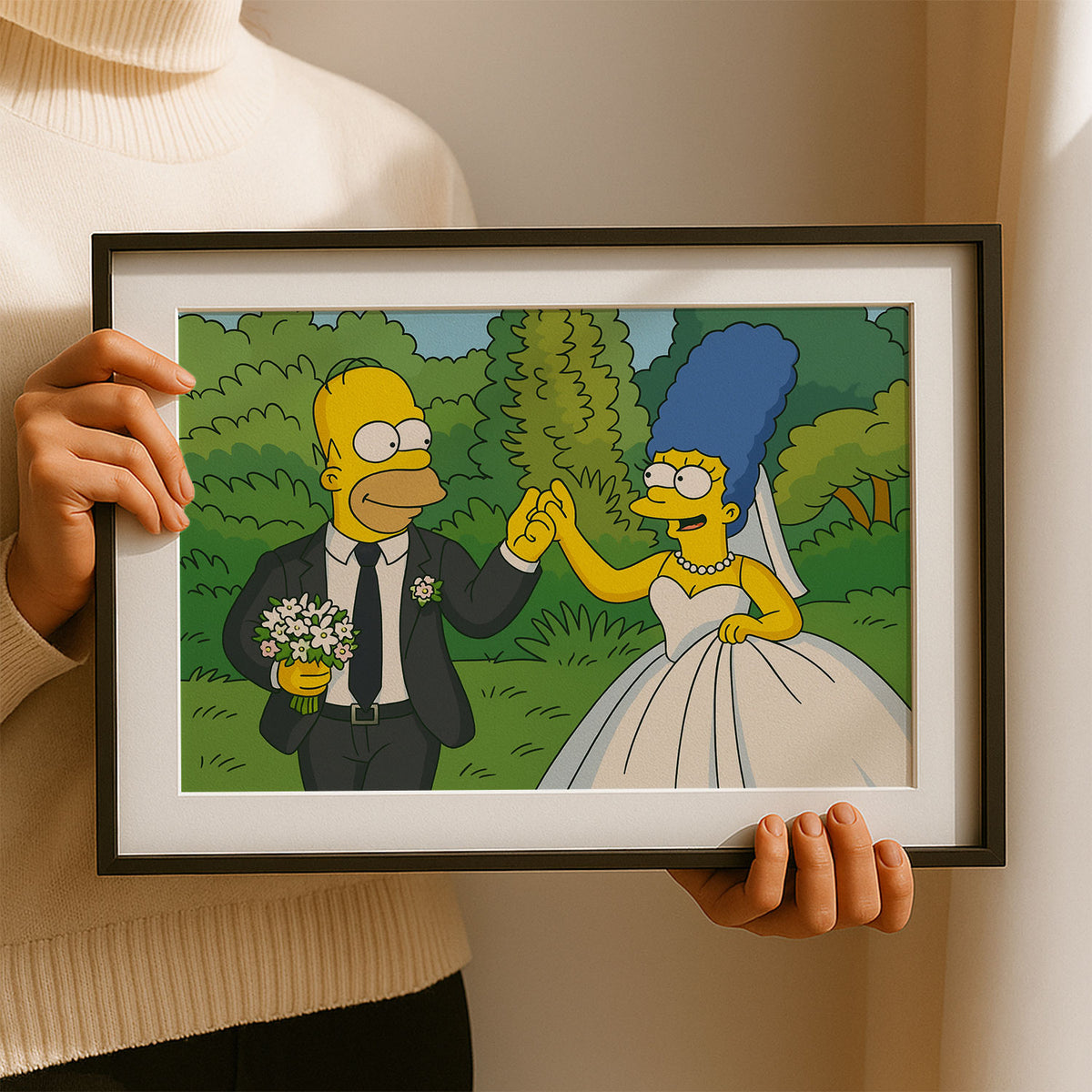Whimsical Cartoon Wedding Art featuring Homer and Marge in Celebration - Simpsons-Inspired Marriage Scene Decor
 - 1
