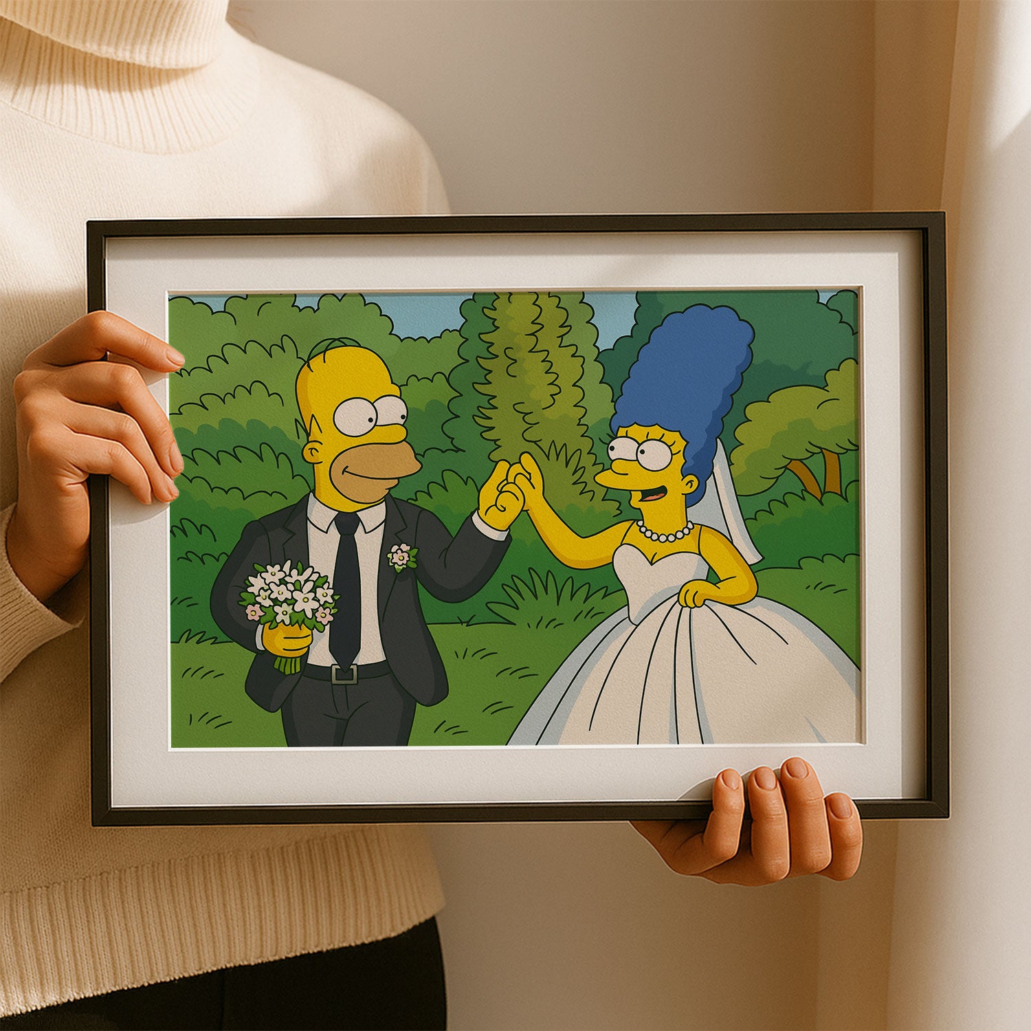 Whimsical Cartoon Wedding Art featuring Homer and Marge in Celebration - Simpsons-Inspired Marriage Scene Decor
 - 1