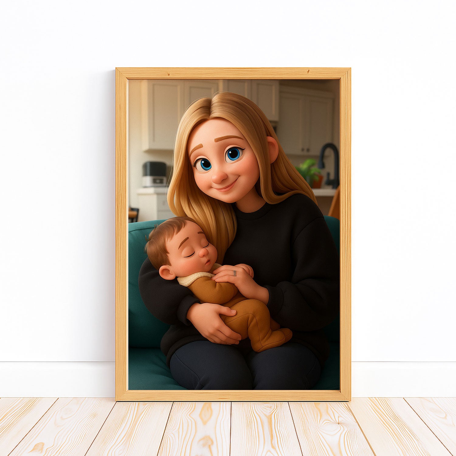 Heartwarming Cartoon Illustration of a Mother with Baby - Charming Home Decor for Family Spaces
 - 1