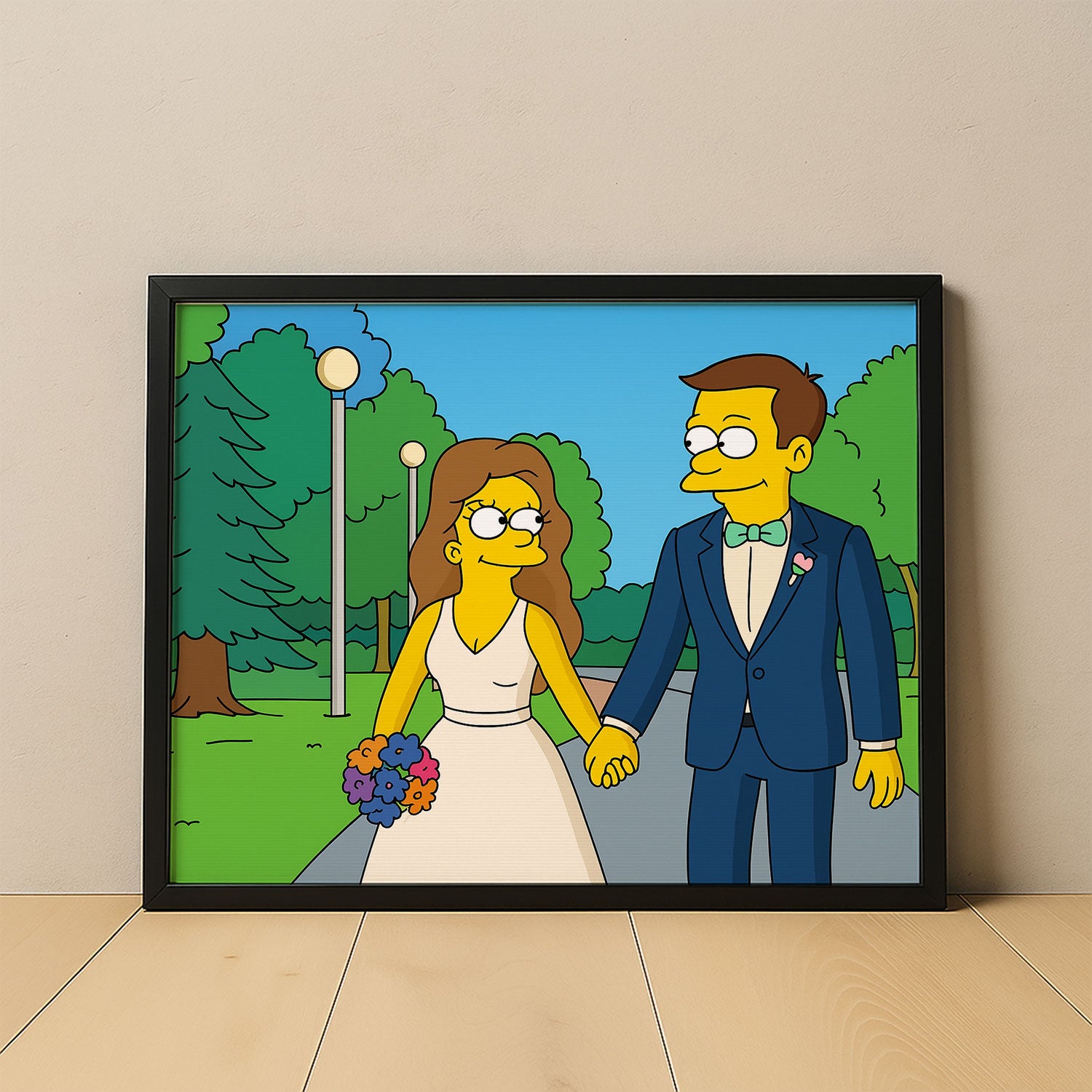 Charming Cartoon Wedding Art: Couples in Love with Dandelions - Whimsical Simpsons Style Framed Print
 - 1