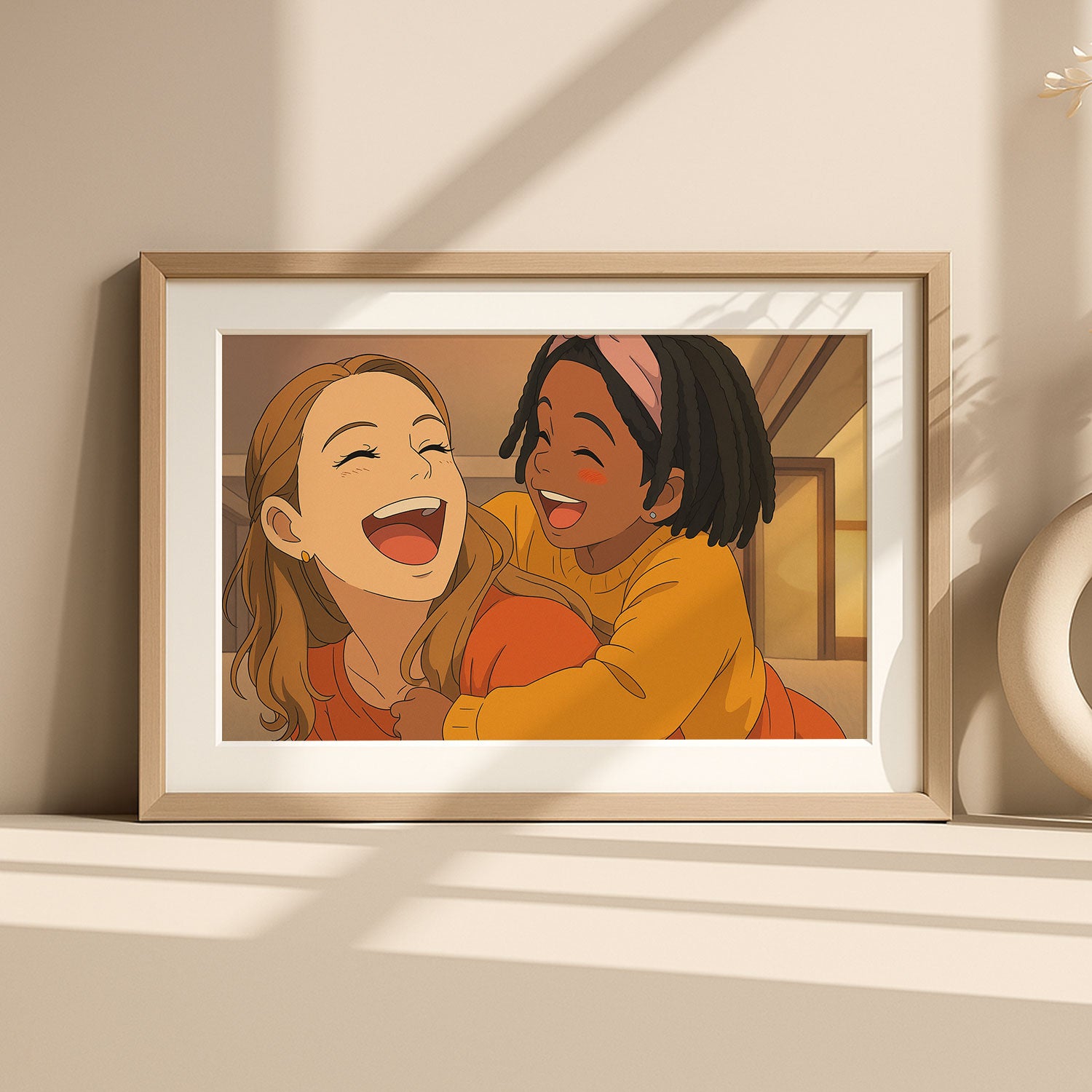 Joyful Bonding: Heartwarming Cartoon Art of a Fun Moment Between a Mother and Daughter
 - 1