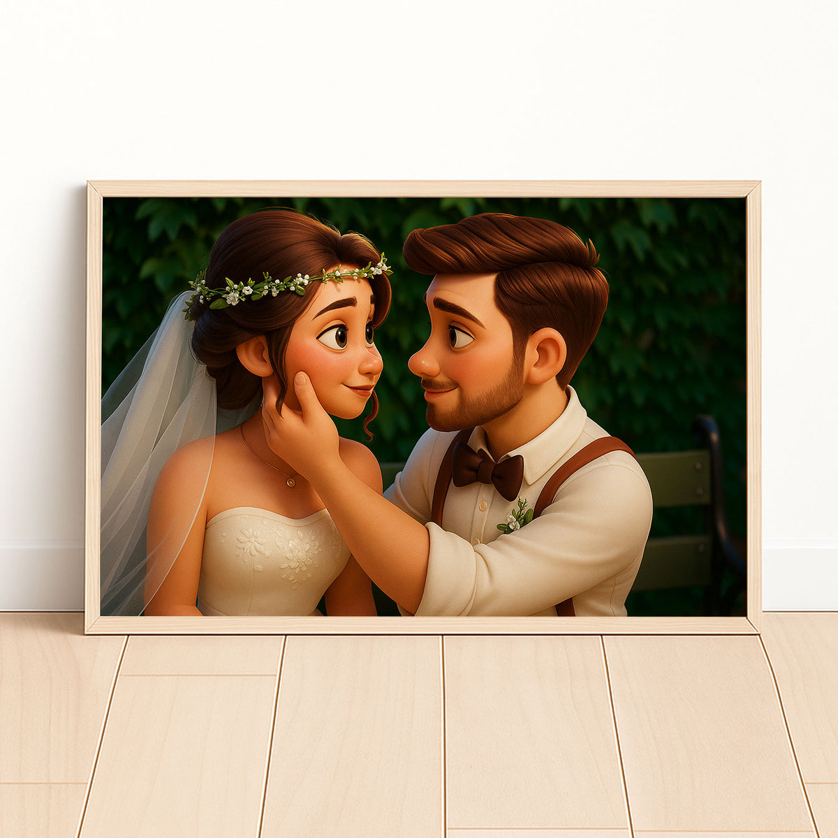 Charming Cartoon Wedding Art Print of a Happy Couple Embracing Love and Joy
 - 1
