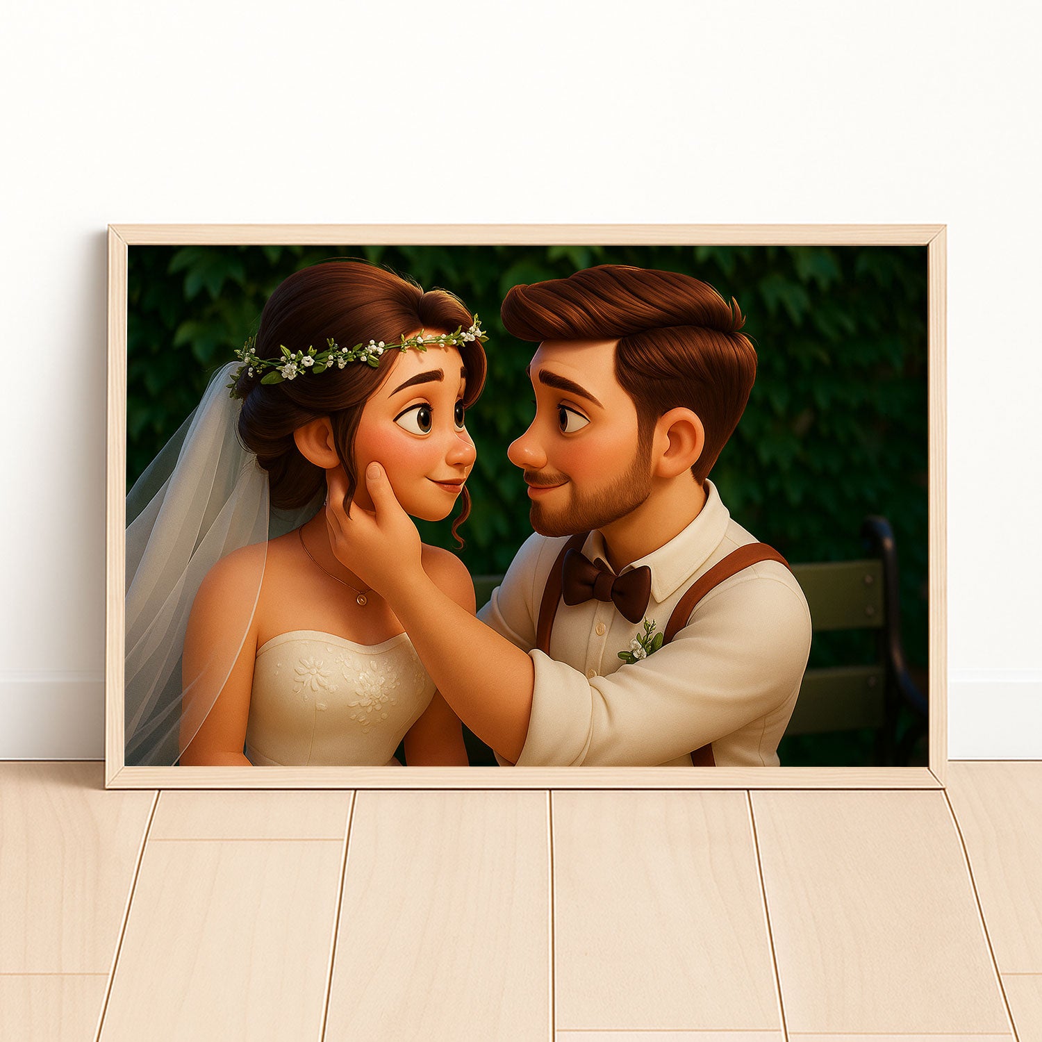 Charming Cartoon Wedding Art Print of a Happy Couple Embracing Love and Joy
 - 1
